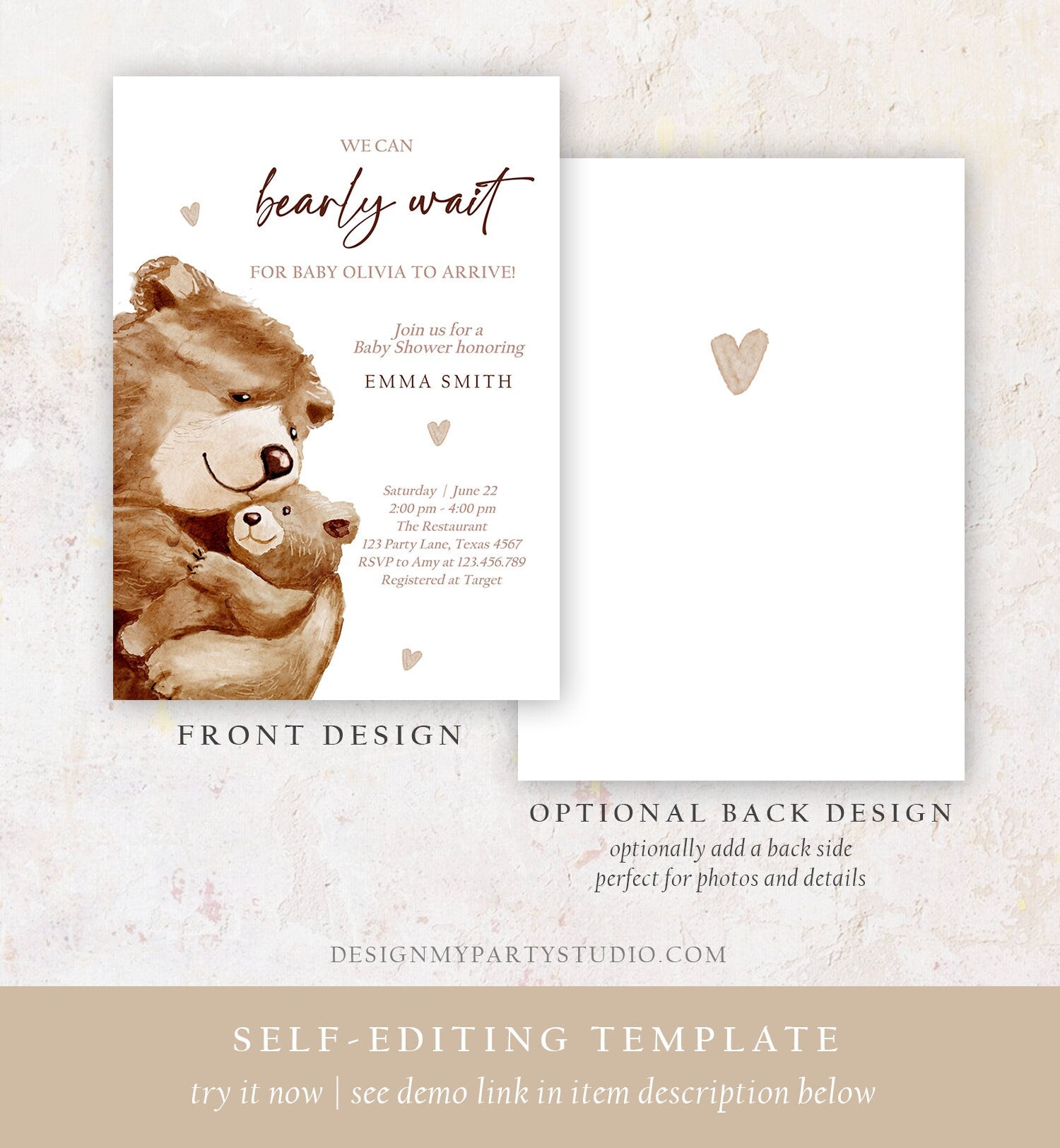 Editable We Can Bearly Wait Baby Shower Invitation Teddy Bear Gender Neutral Brown Boho Watercolor Digital Download Template Printable