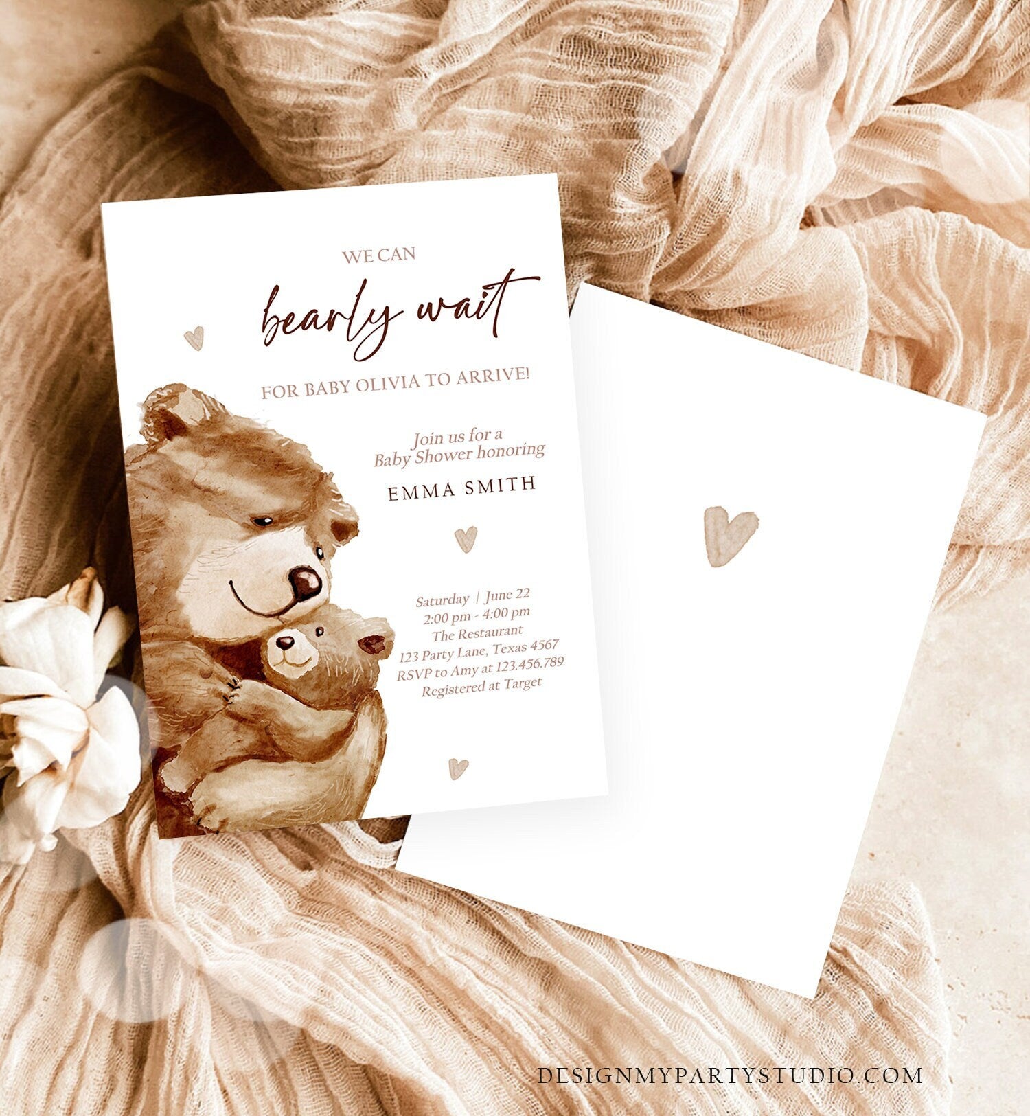 Editable We Can Bearly Wait Baby Shower Invitation Teddy Bear Gender Neutral Brown Boho Watercolor Digital Download Template Printable