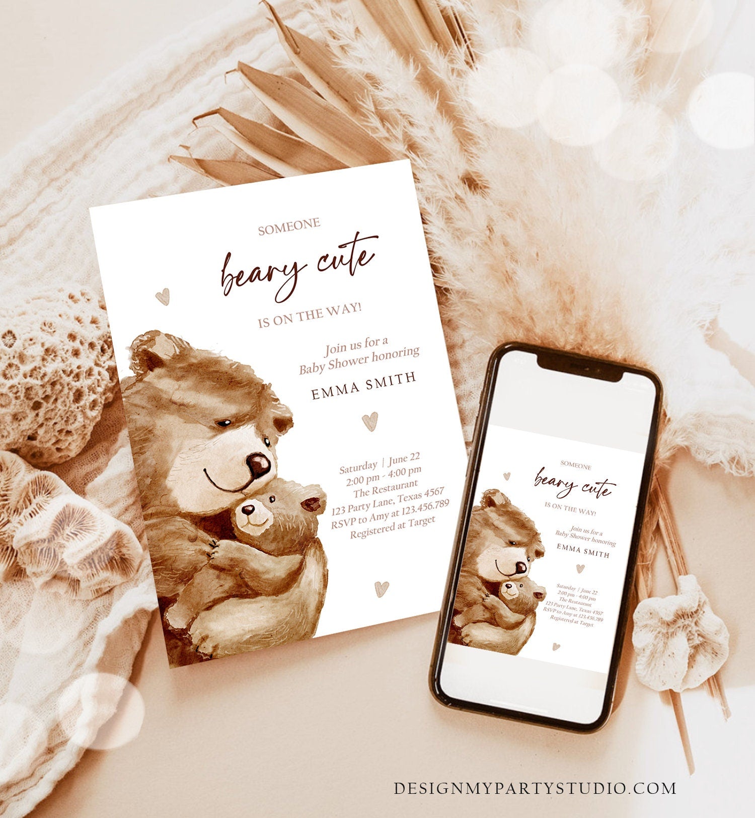 Editable We Can Bearly Wait Baby Shower Invitation Teddy Bear Gender Neutral Brown Boho Watercolor Printable Template Instant Download Evite