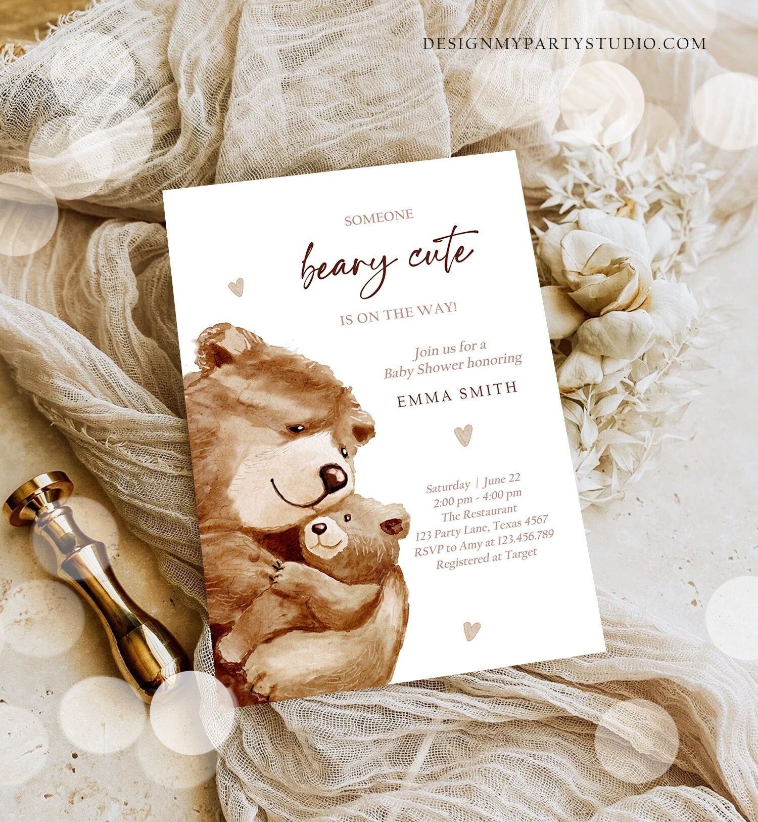 Editable We Can Bearly Wait Baby Shower Invitation Teddy Bear Gender Neutral Brown Boho Watercolor Printable Template Instant Download Evite