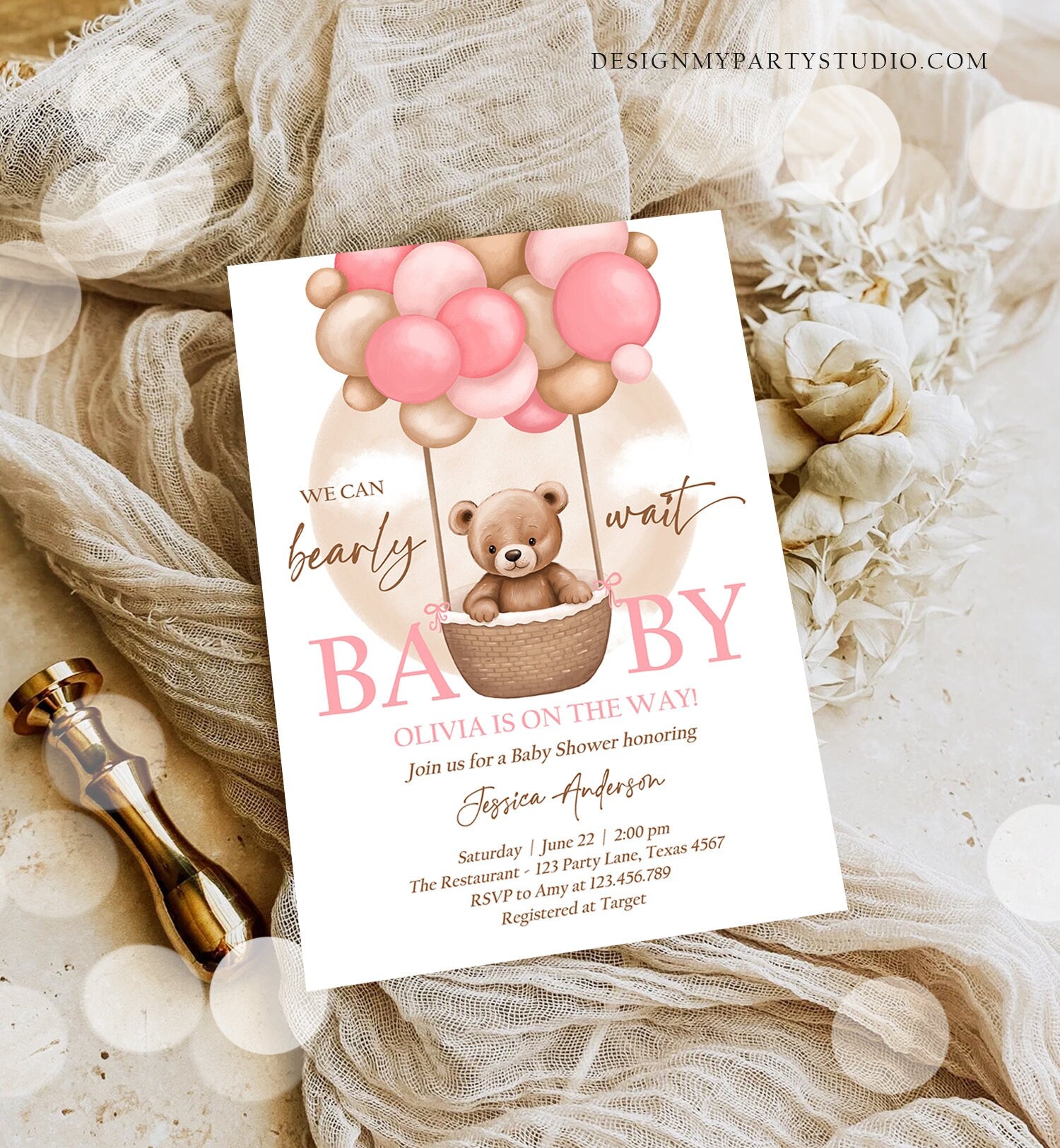 Editable Bear Balloon Baby Shower Invitation We Can Bearly Wait Baby Shower Invite Teddy Bear Boho Girl Pink Digital Download Evite 0498