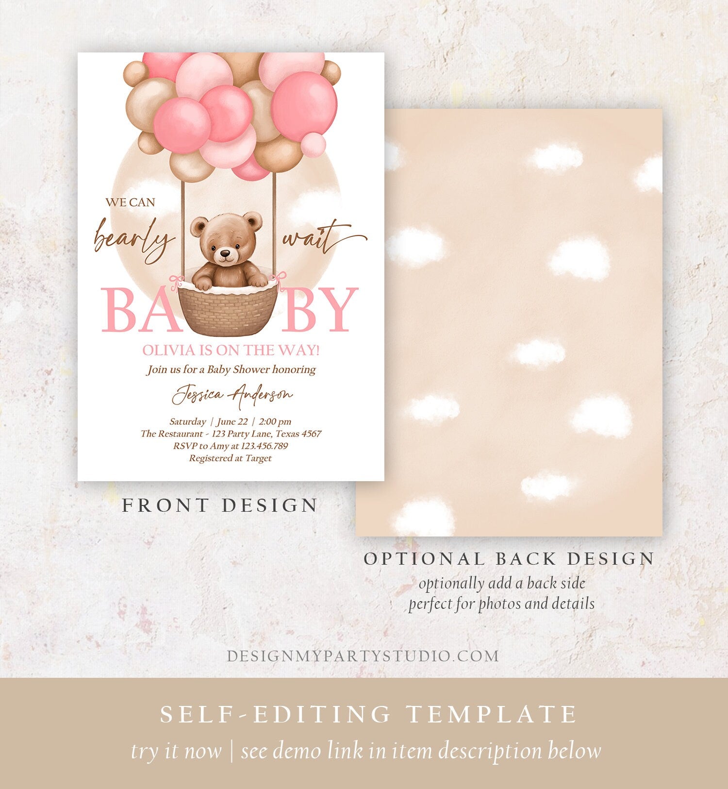 Editable Bear Balloon Baby Shower Invitation We Can Bearly Wait Baby Shower Invite Teddy Bear Boho Girl Pink Digital Download Evite 0498