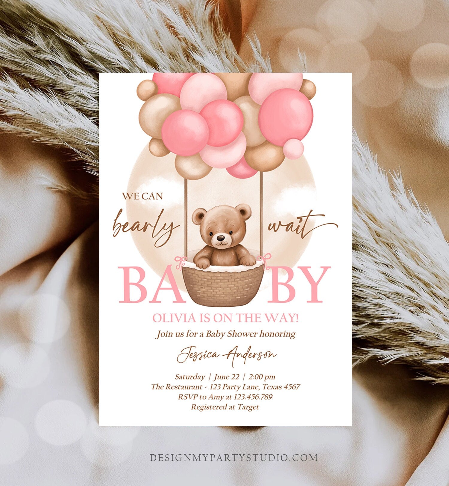 Editable Bear Balloon Baby Shower Invitation We Can Bearly Wait Baby Shower Invite Teddy Bear Boho Girl Pink Digital Download Evite 0498