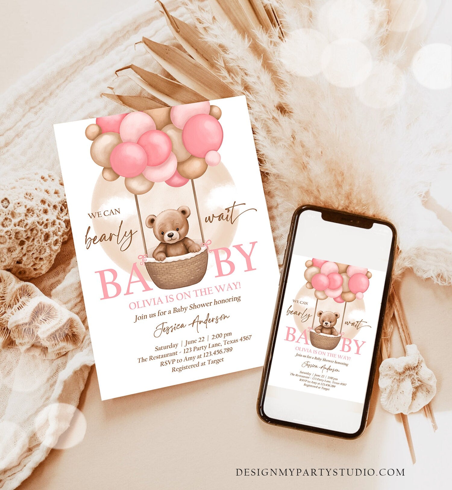 Editable Bear Balloon Baby Shower Invitation We Can Bearly Wait Baby Shower Invite Teddy Bear Boho Girl Pink Digital Download Evite 0498