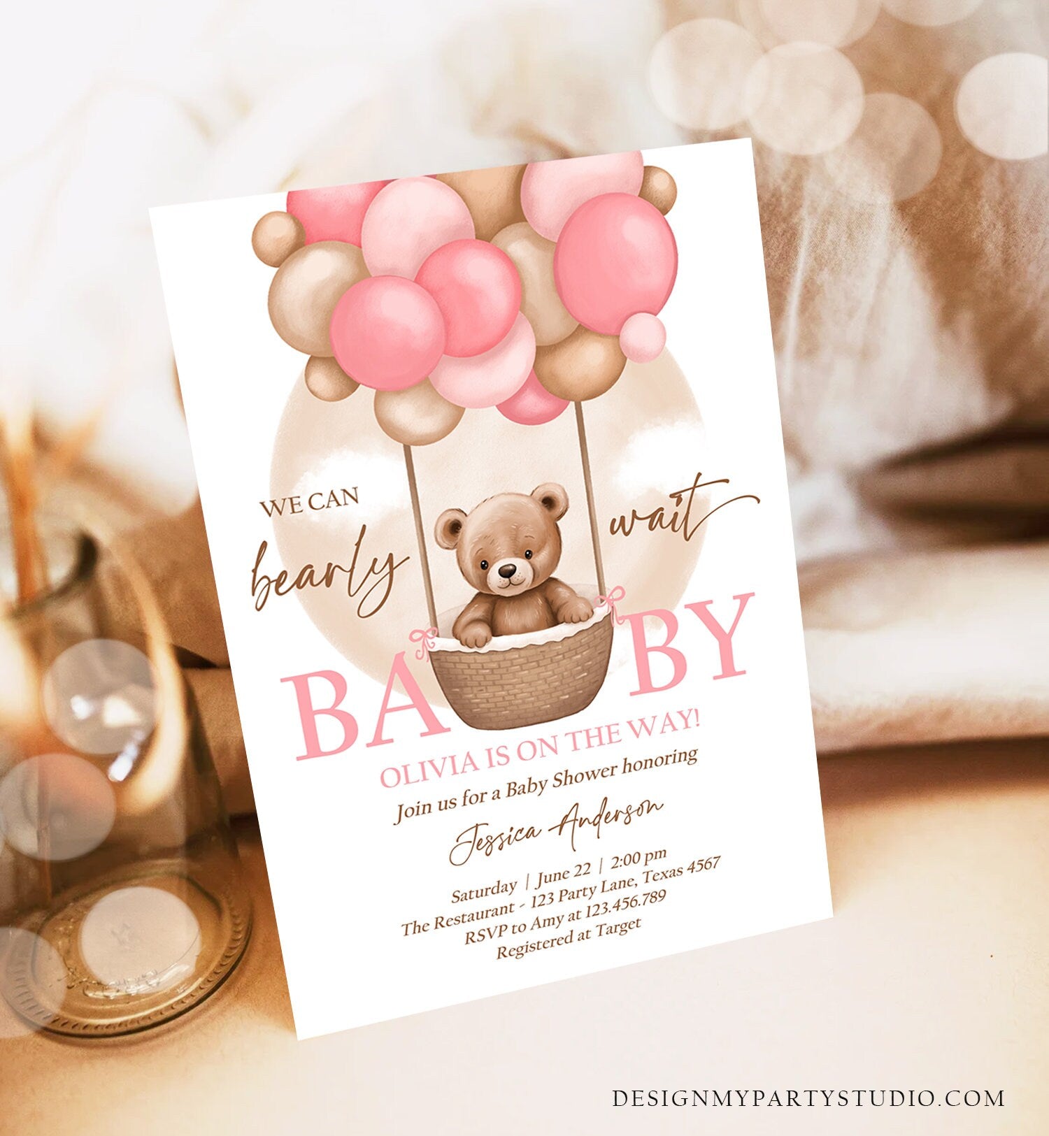 Editable Bear Balloon Baby Shower Invitation We Can Bearly Wait Baby Shower Invite Teddy Bear Boho Girl Pink Digital Download Evite 0498