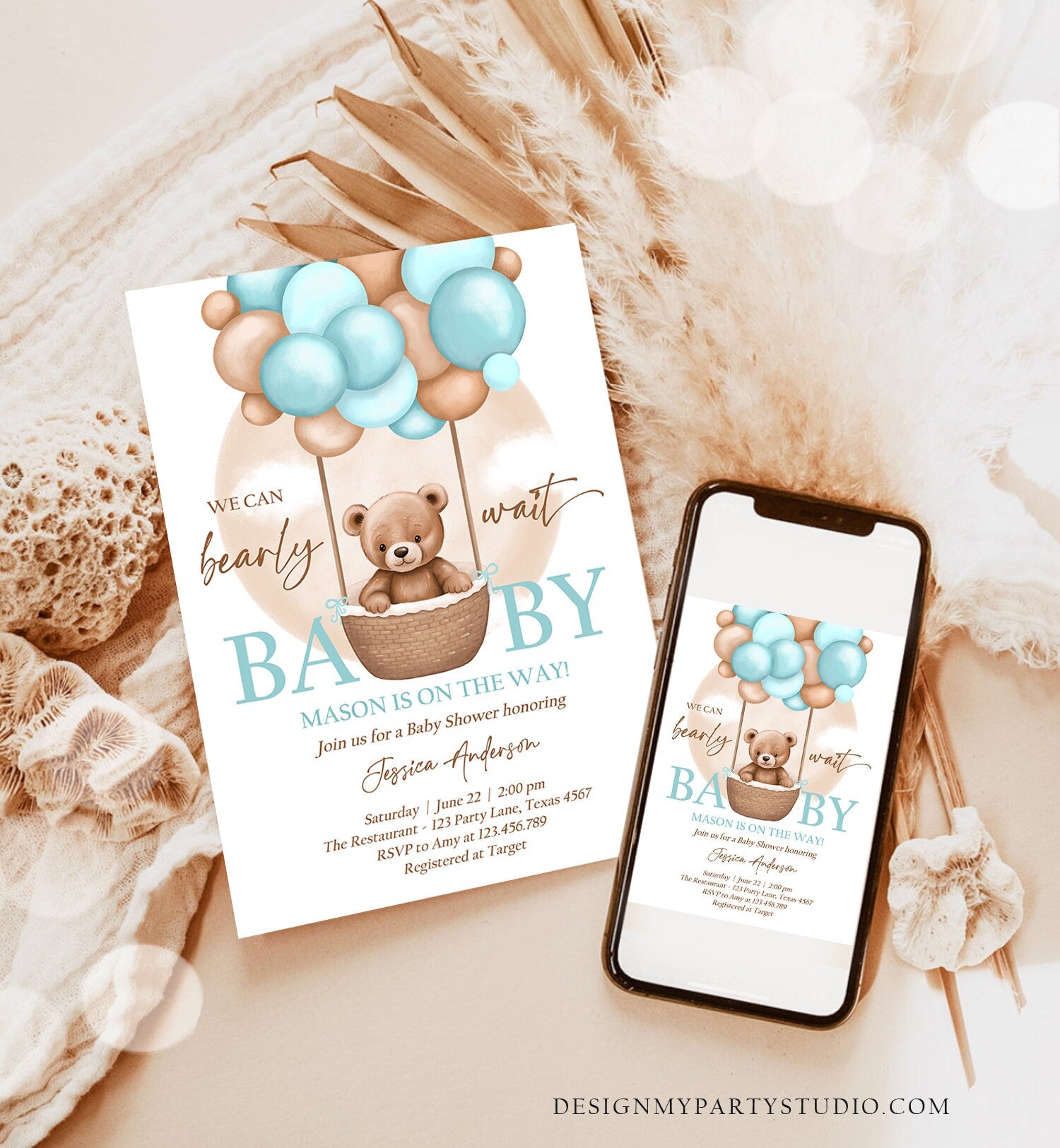 Editable Bear Balloon Baby Shower Invitation We Can Bearly Wait Baby Shower Invite Teddy Bear Brown Boho Boy Blue Download Printable 0498