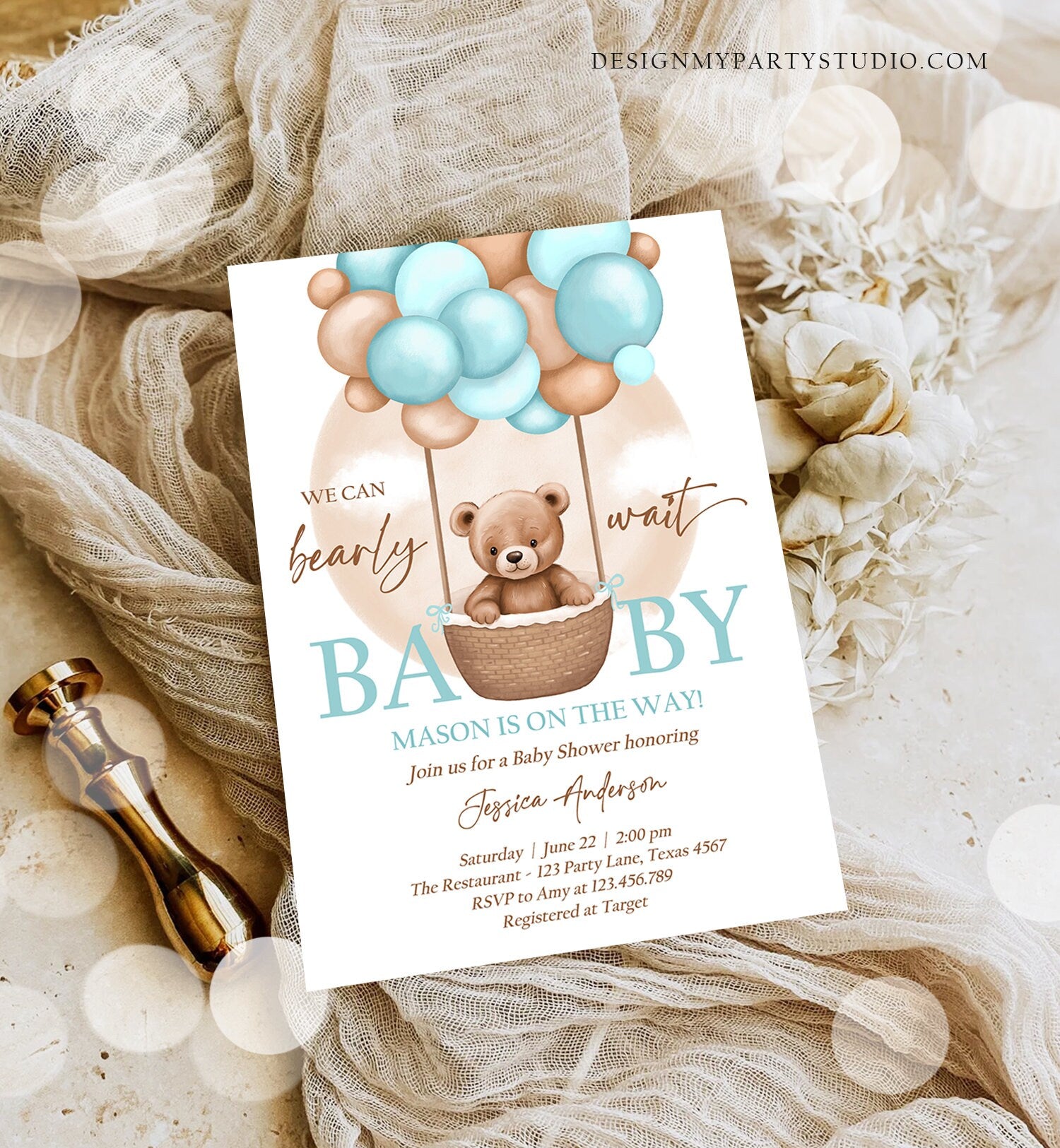 Editable Bear Balloon Baby Shower Invitation We Can Bearly Wait Baby Shower Invite Teddy Bear Brown Boho Boy Blue Download Printable 0498