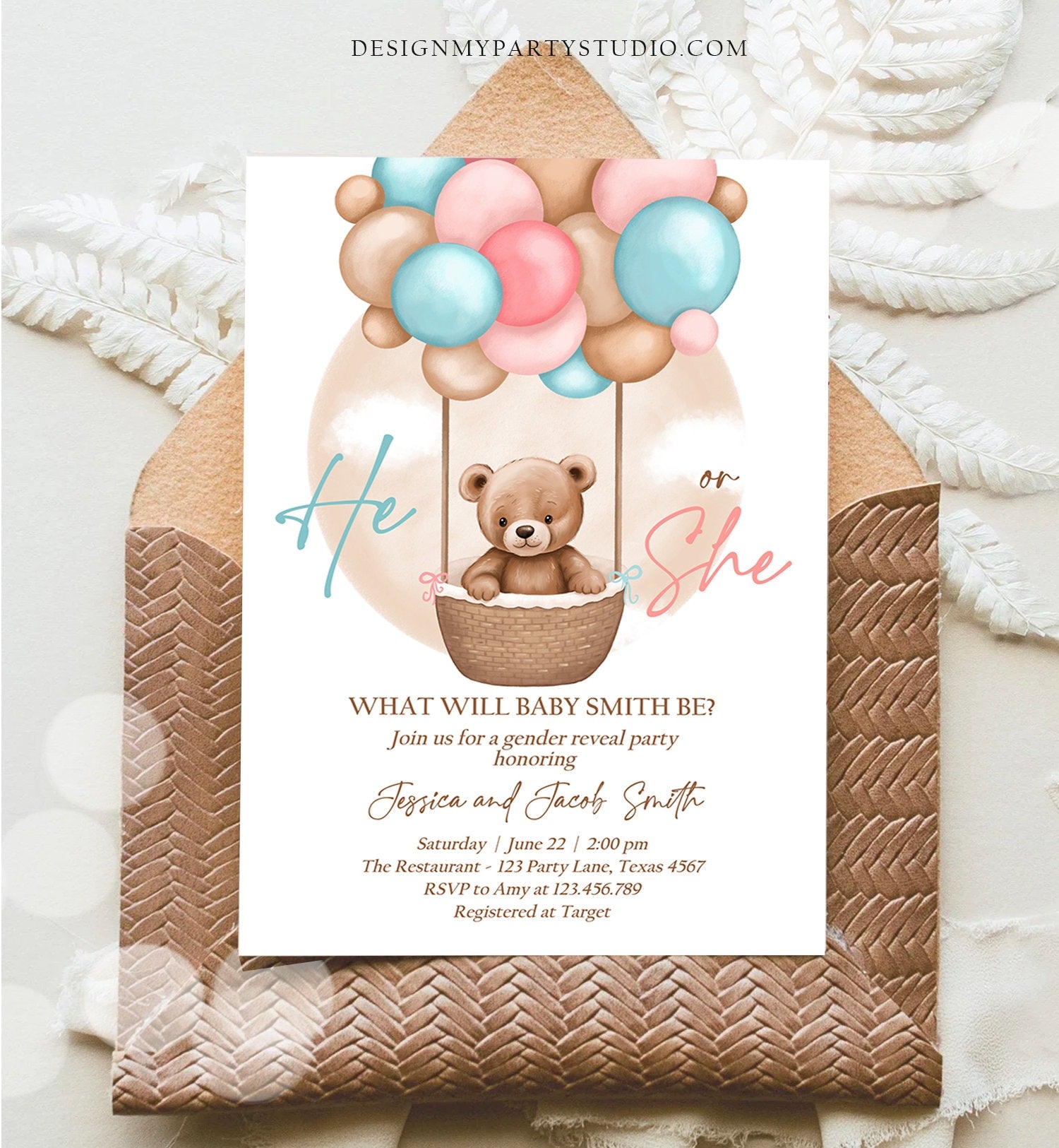 Editable He or She Bear Hot Air Balloon Gender Reveal Invitation Blue or Pink Bearly Wait Gender Neutral Boho Bear Download Printable 0498