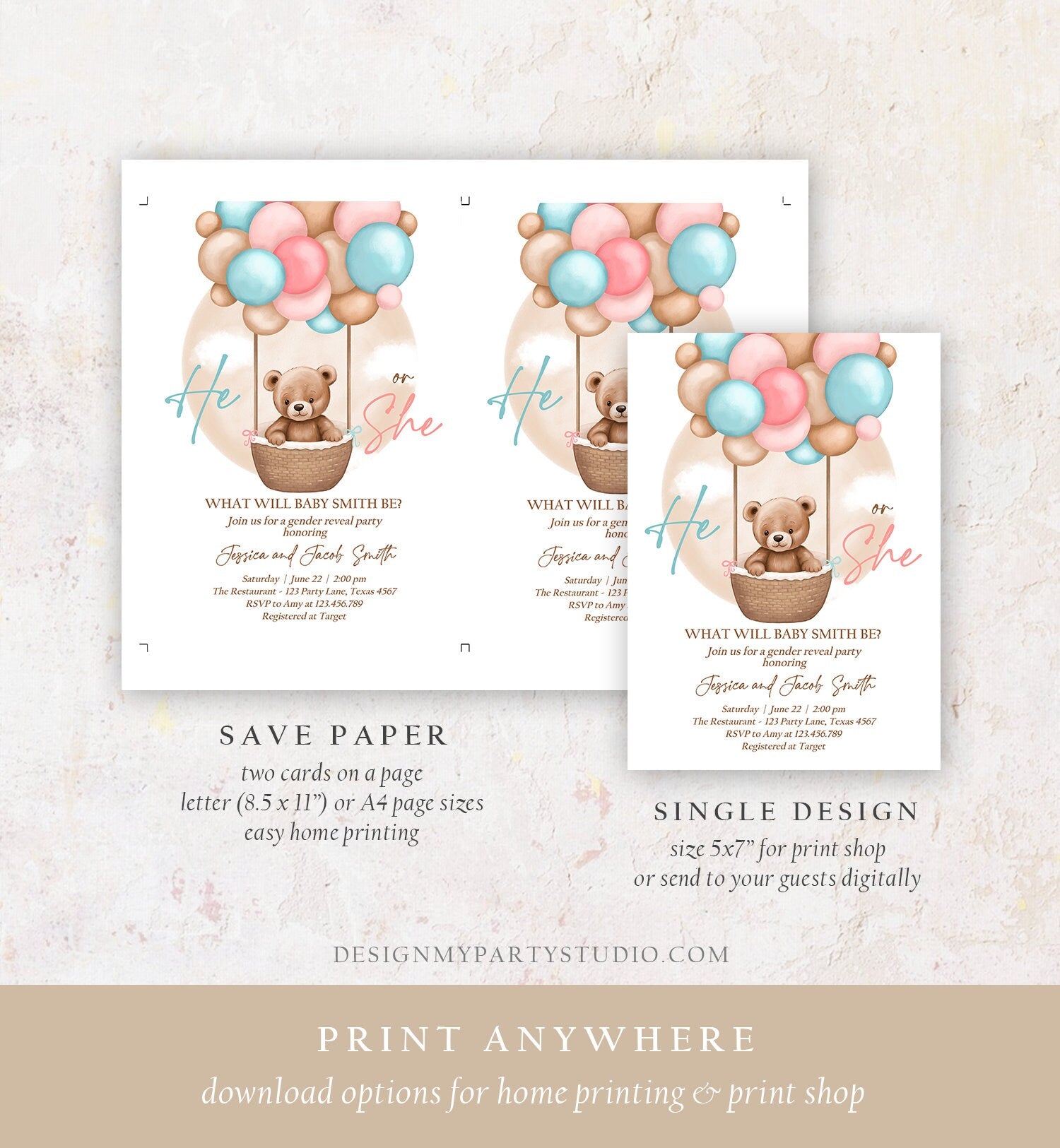 Editable He or She Bear Hot Air Balloon Gender Reveal Invitation Blue or Pink Bearly Wait Gender Neutral Boho Bear Download Printable 0498