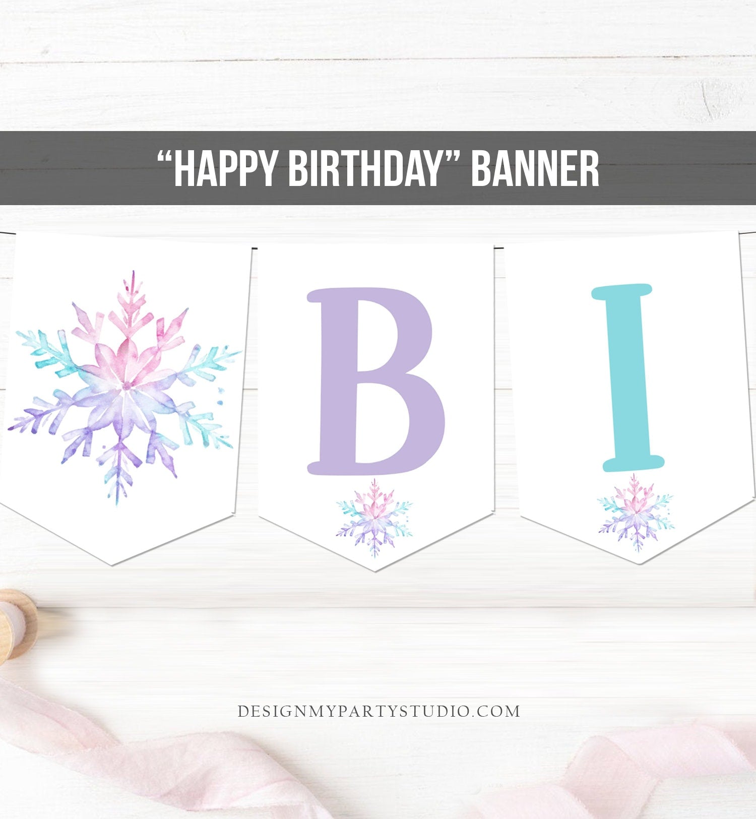 Happy Birthday Banner Winter Onederland Birthday Girl Snowflake Magical Winter Gold Pink Purple First Download PRINTABLE DIGITAL DIY 0494