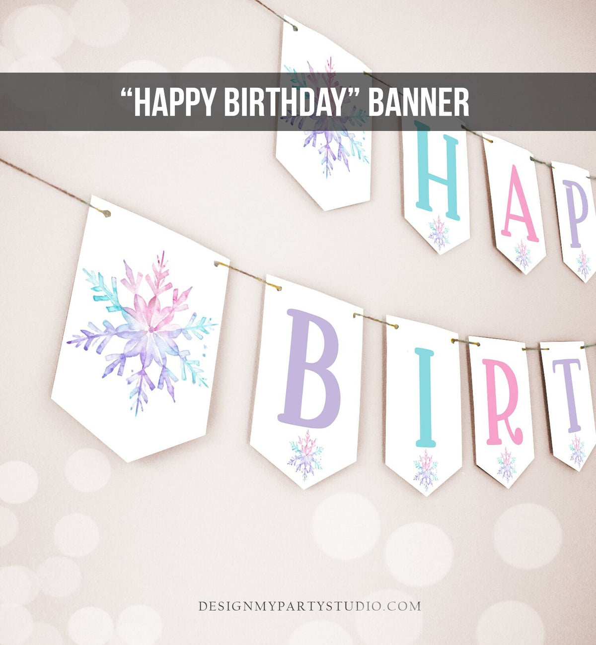 Happy Birthday Banner Winter Onederland Birthday Girl Snowflake Magical Winter Gold Pink Purple First Download PRINTABLE DIGITAL DIY 0494