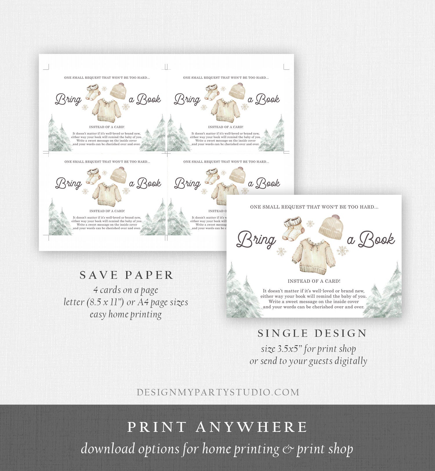 Editable Bring a Book Card Baby It's Cold Outside Baby Shower Winter Snow Gender Neutral Watercolor Request Corjl Template Printable 0491