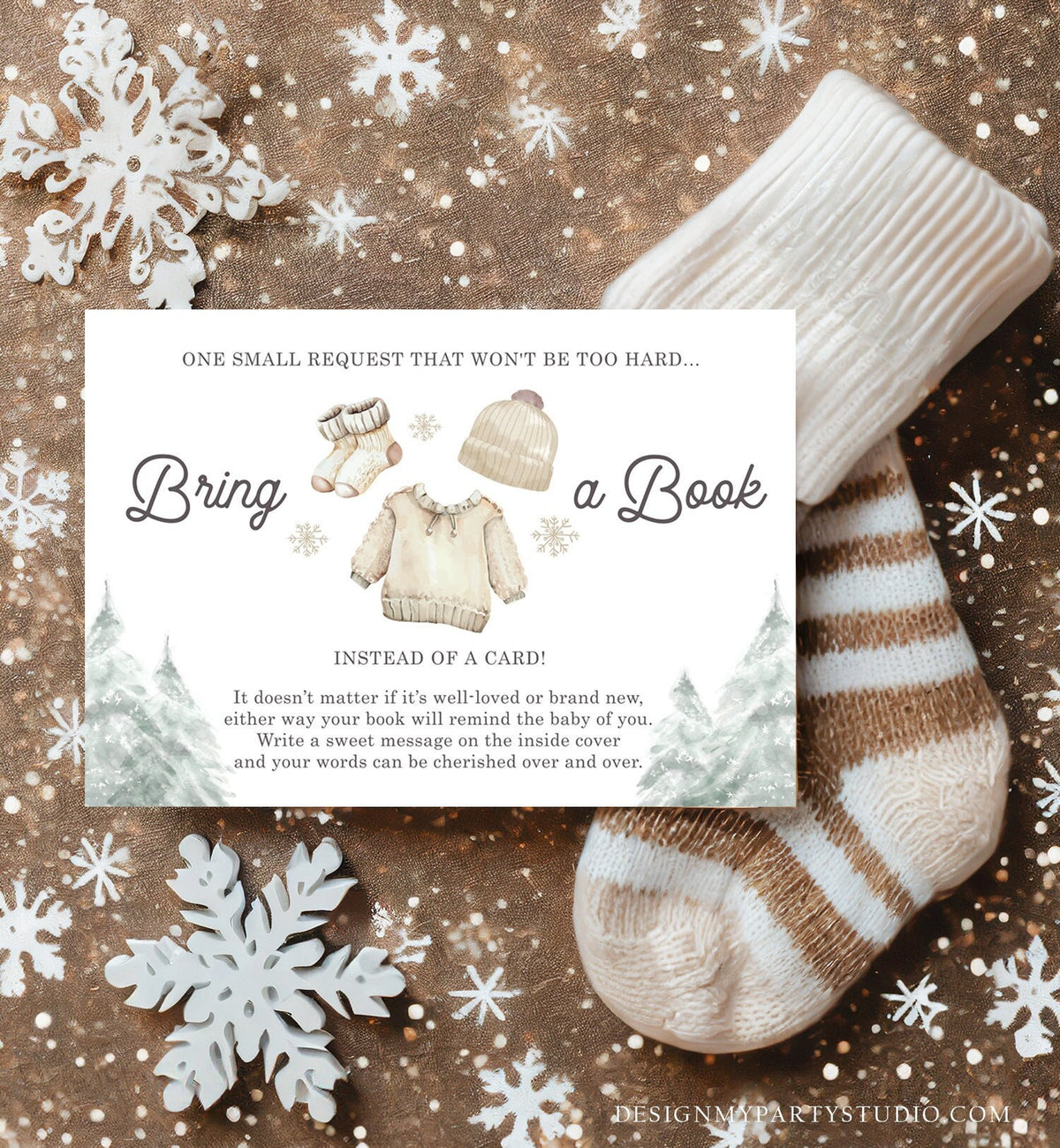 Editable Bring a Book Card Baby It&#39;s Cold Outside Baby Shower Winter Snow Gender Neutral Watercolor Request Corjl Template Printable 0491