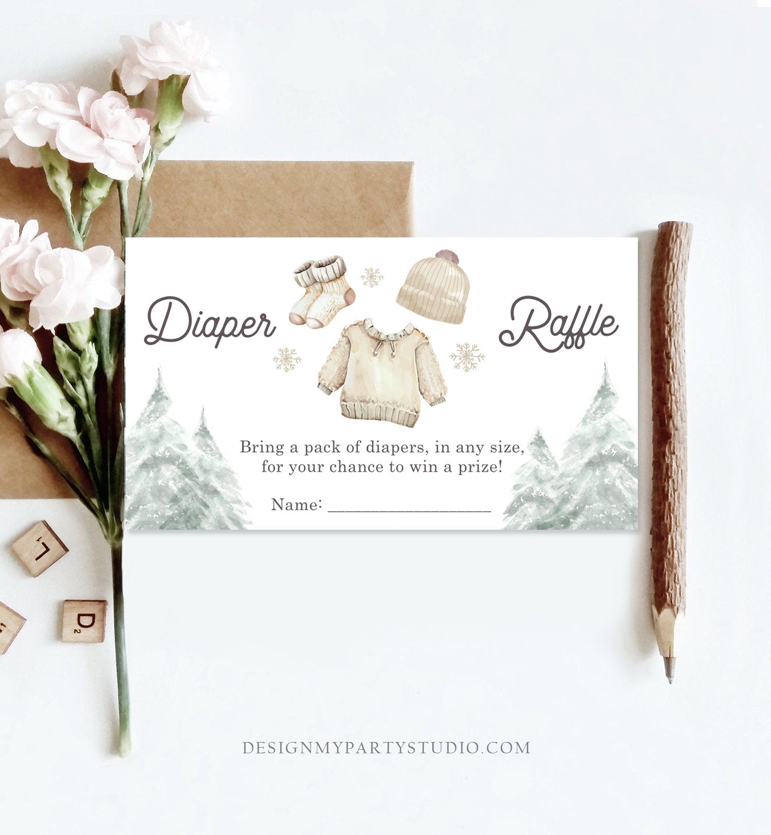 Editable Winter Diaper Raffle Tickets Baby It's Cold Outside Baby Shower Winter Baby Snowflake Gender Neutral Corjl Template Printable 0491