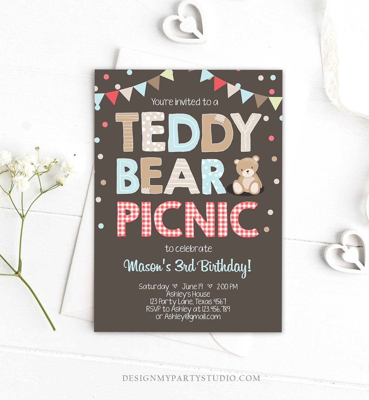 Editable Teddy Bear Picnic Birthday Invitation Boy Blue Brown Red Gingham Bear Picnic Outdoor First Birthday Digital Corjl Template 0100