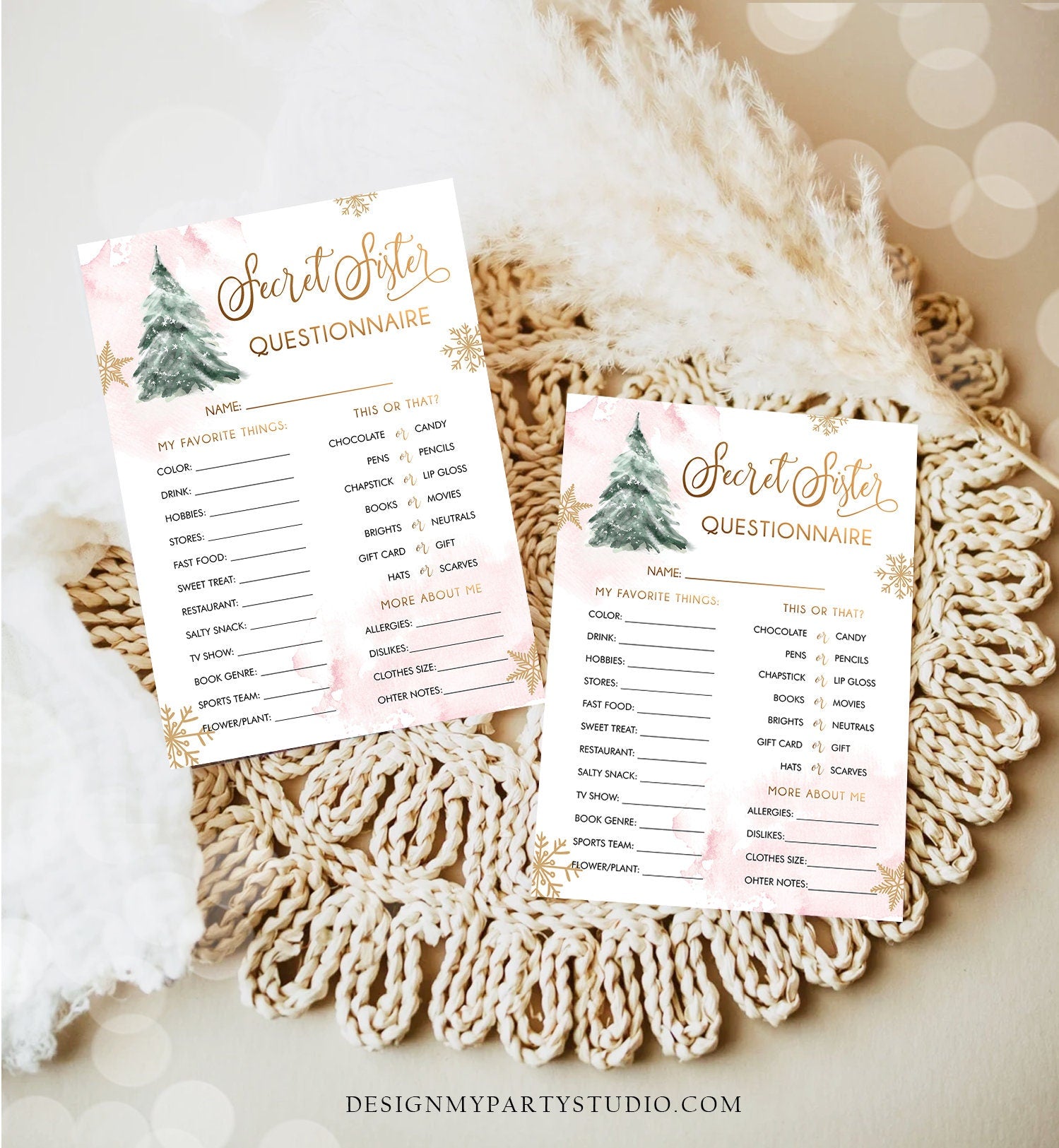 Editable Secret Sister Questionnaire Baby Shower Game Winter Tree Cold Outside Snowflake Girl Pink Gold Corjl Template Printable 0363