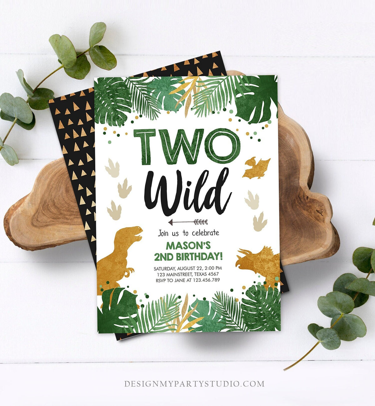 Editable Two Wild Birthday Invitation Dinosaur Dino Party Boy 2nd Second Birthday Green Gold In Two the Wild Corjl Template Printable 0146