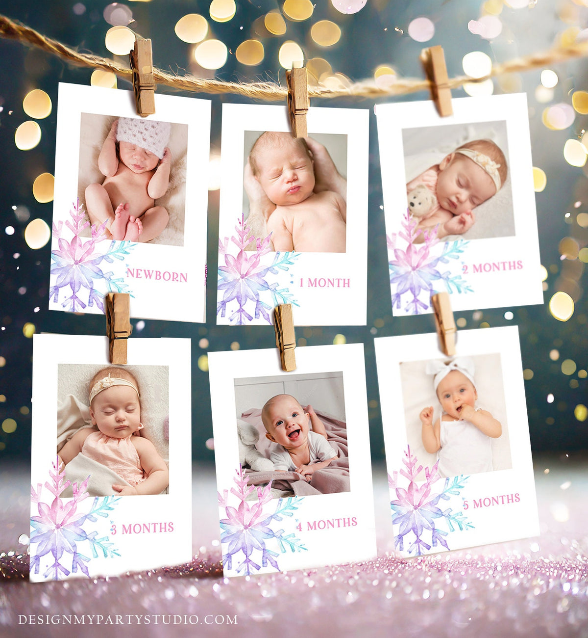 Editable Snowflake First Birthday Banner Monthly Photo Banner Winter Onederland Pink Purple Girl Year Pictures Corjl Template Printable 0494