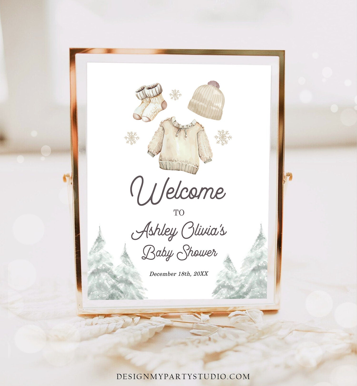 Editable Baby it's Cold Welcome Sign Watercolor Winter Baby Shower Gender Neutral Boy Snowflake Baby Clothes Corjl Template Printable 0491