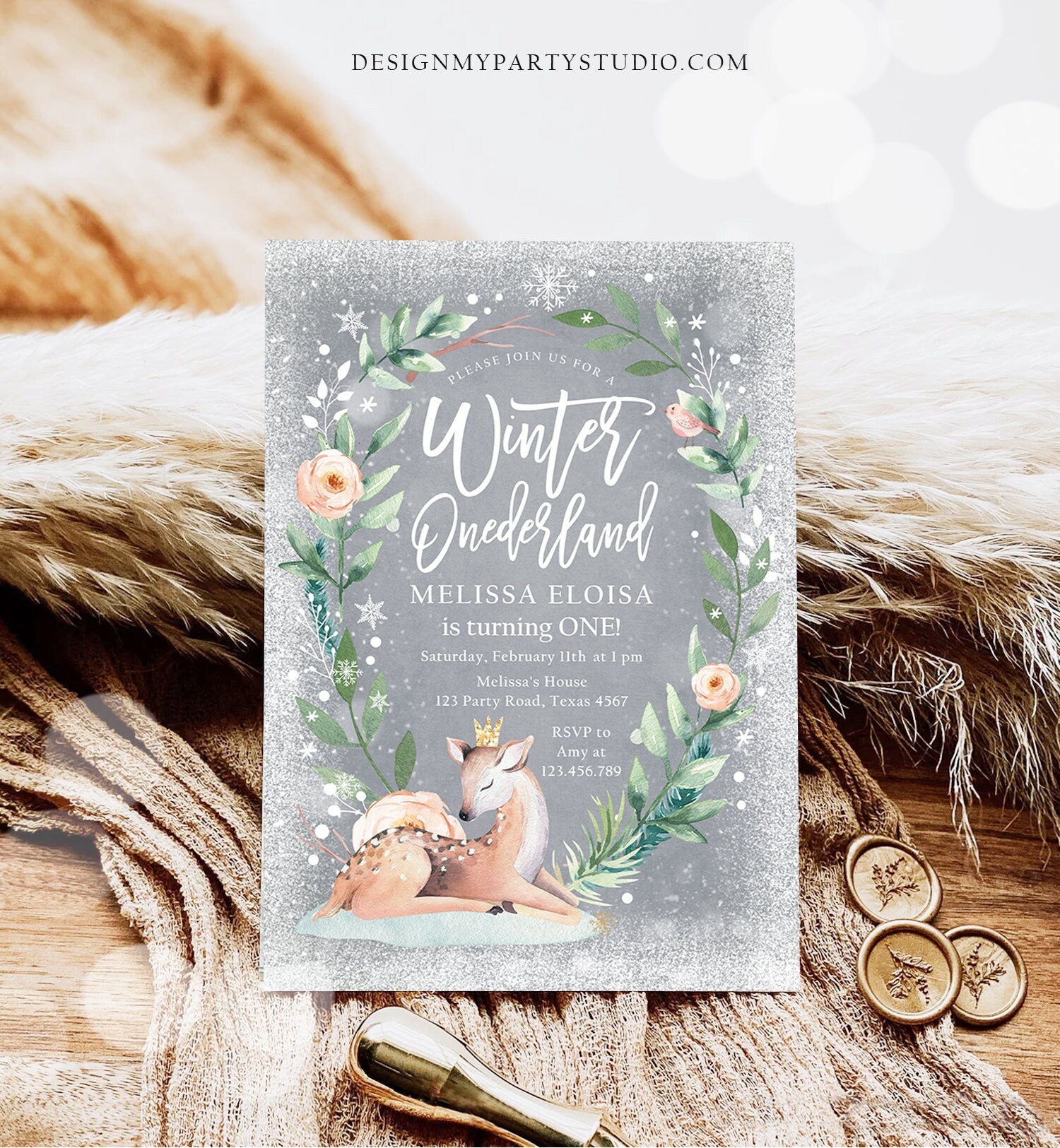 Editable Winter ONEderland Birthday Invitation Deer First Birthday Snowflakes Girl Pink Gold Foil Printable Invitation Template Corjl 0265