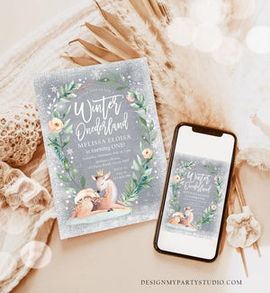 Editable Winter ONEderland Birthday Invitation Deer First Birthday Snowflakes Girl Pink Gold Foil Printable Invitation Template Corjl 0265