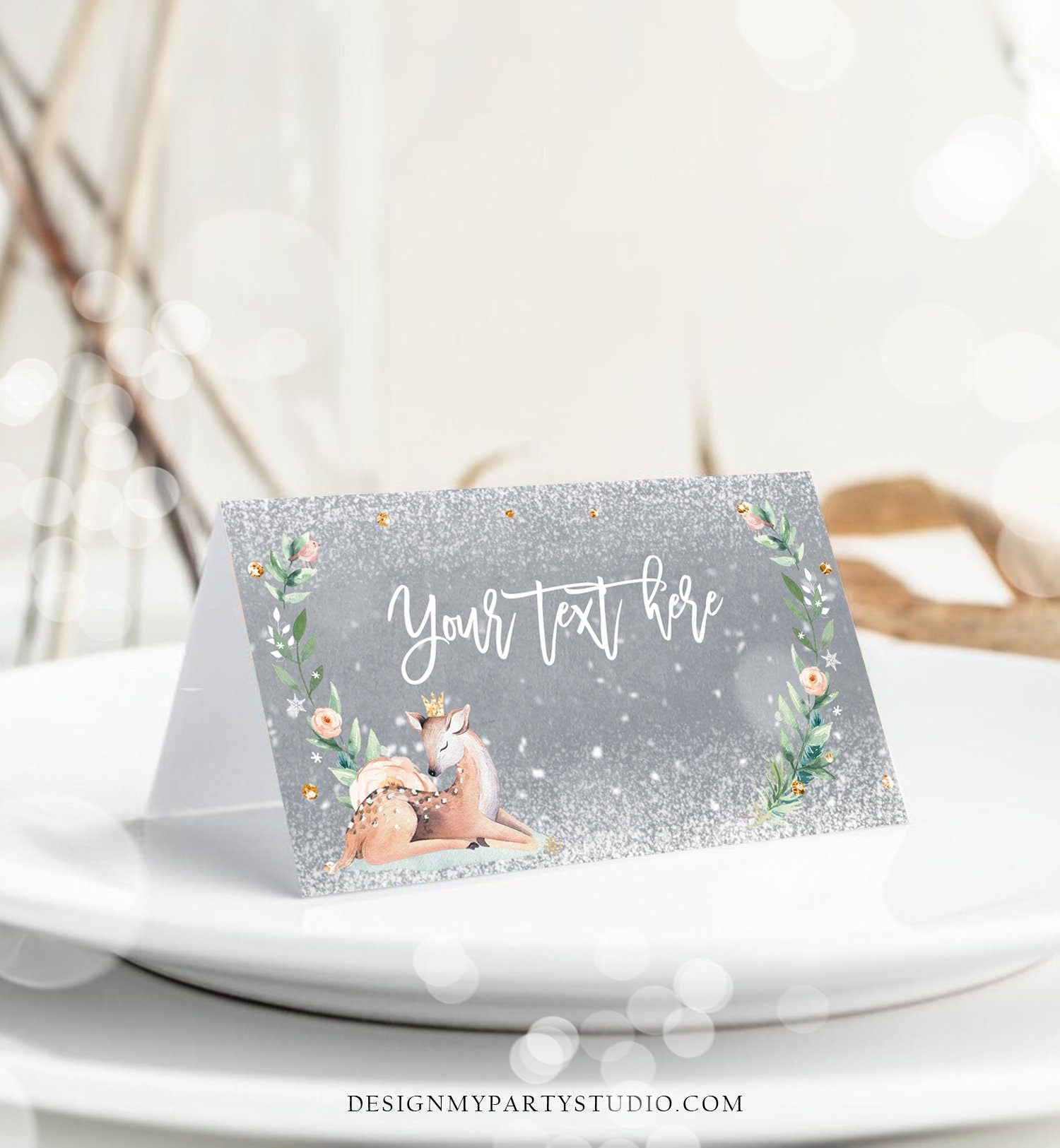 Editable Winter Deer Food Tent Label Place Card Baby It's Cold Outside Girl Birthday Baby Shower Snow Printable Template Corjl 0265