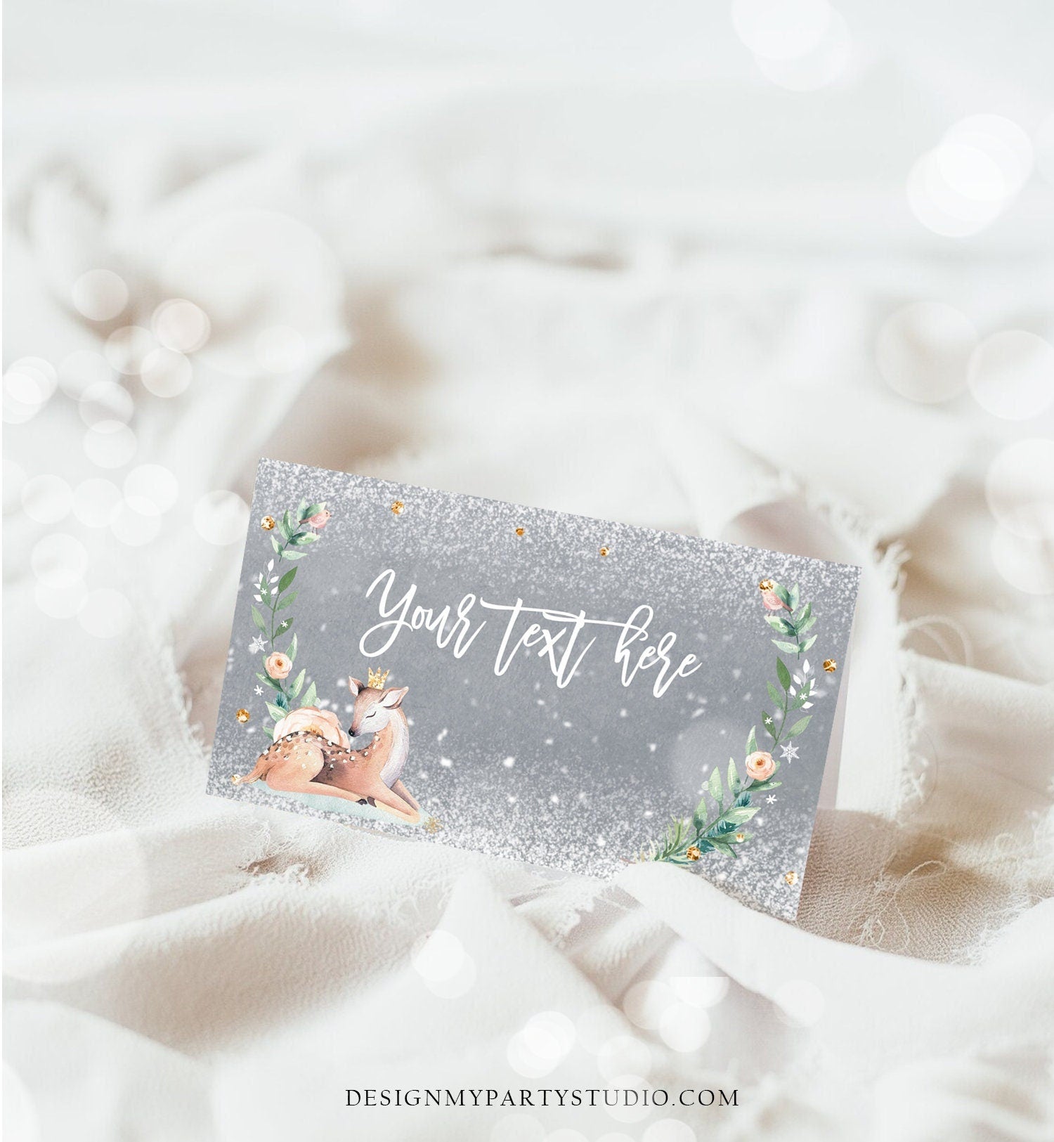 Editable Winter Deer Food Tent Label Place Card Baby It's Cold Outside Girl Birthday Baby Shower Snow Printable Template Corjl 0265