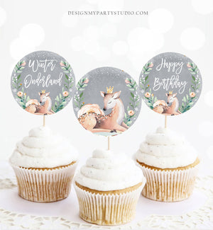 Winter Deer Cupcake Toppers Winter Onederland Birthday Party Decorations Oh What Fun Girl Pink Stickers Tags Download Digital PRINTABLE 0265