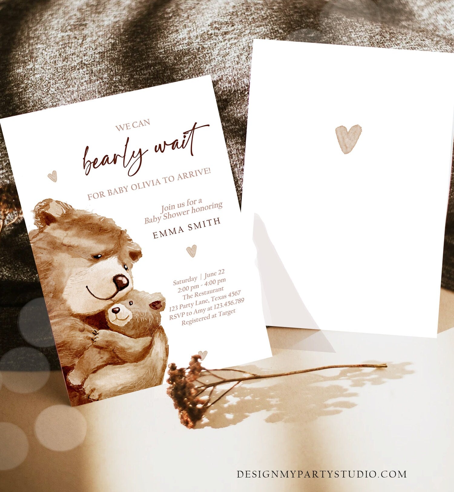 Editable We Can Bearly Wait Baby Shower Invitation Teddy Bear Gender Neutral Brown Boho Watercolor Digital Download Template Printable