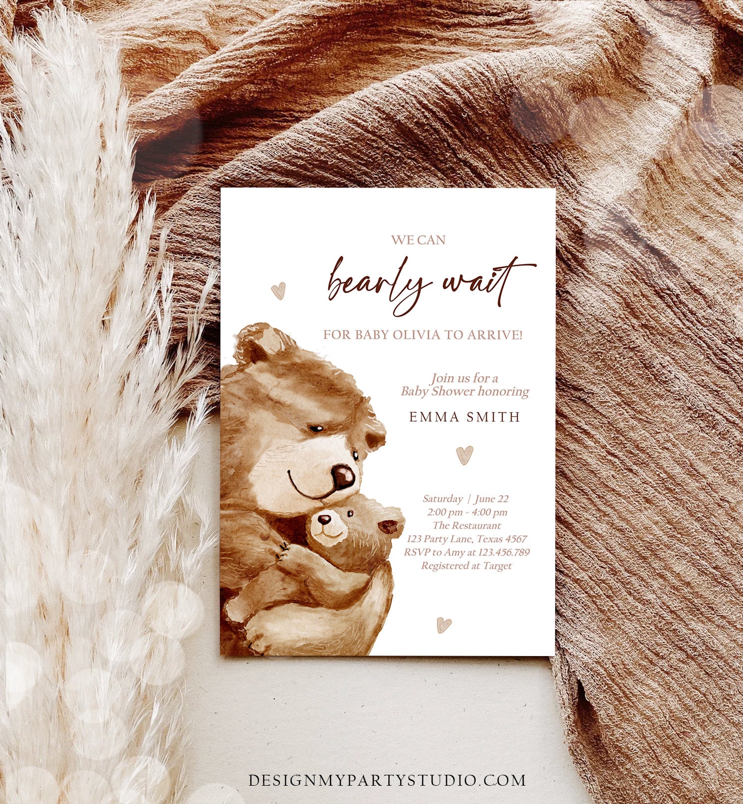 Editable We Can Bearly Wait Baby Shower Invitation Teddy Bear Gender Neutral Brown Boho Watercolor Digital Download Template Printable