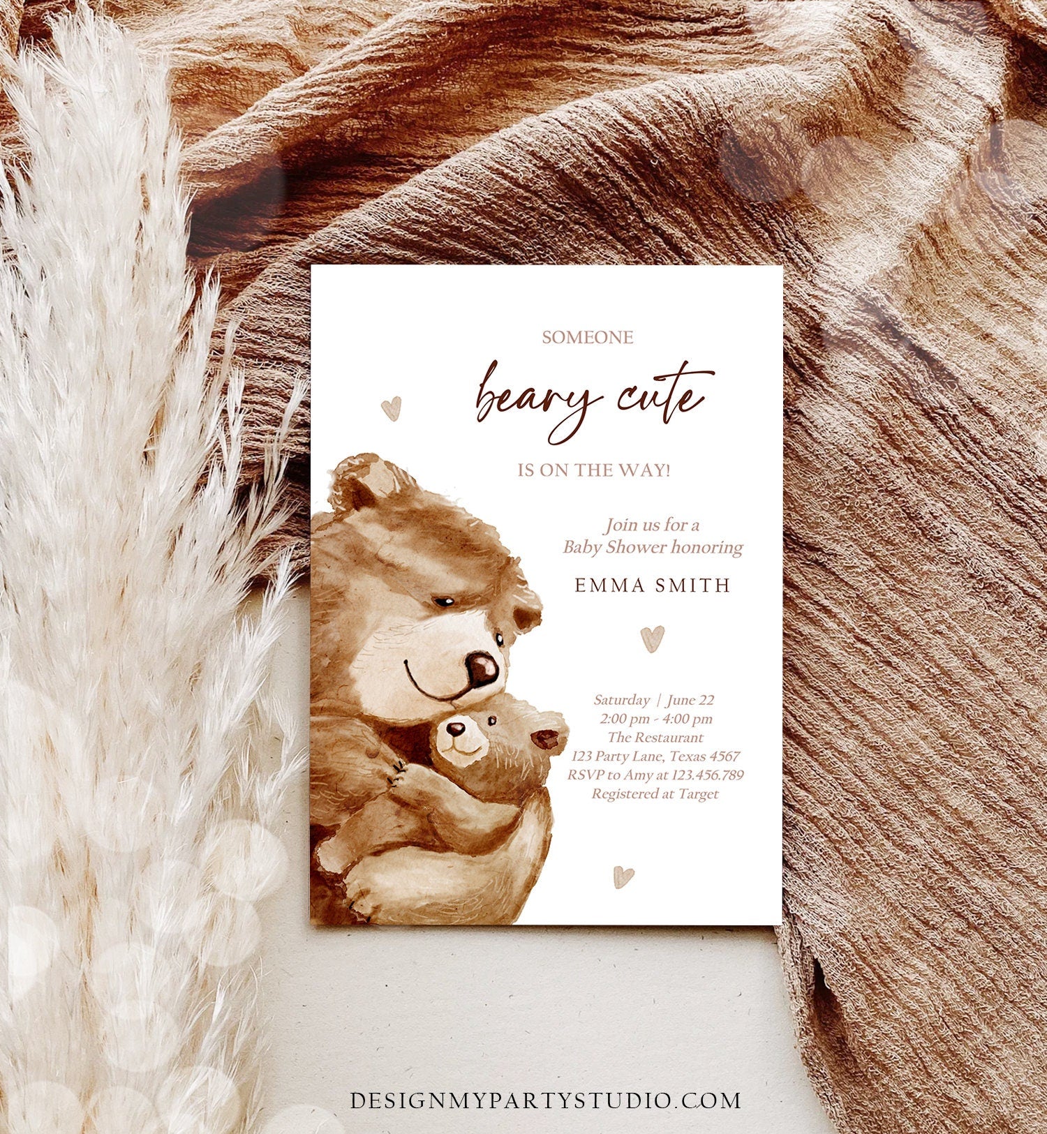 Editable We Can Bearly Wait Baby Shower Invitation Teddy Bear Gender Neutral Brown Boho Watercolor Printable Template Instant Download Evite