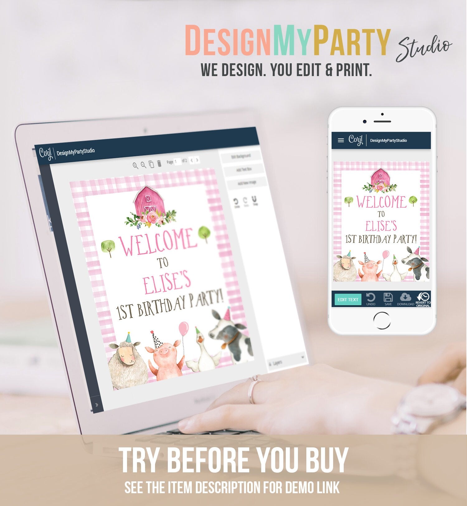 Editable Farm Animals Welcome Sign Girl First Birthday Welcome Sign Party Animals Decor Girl Pink Gingham Template Corjl PRINTABLE 0155