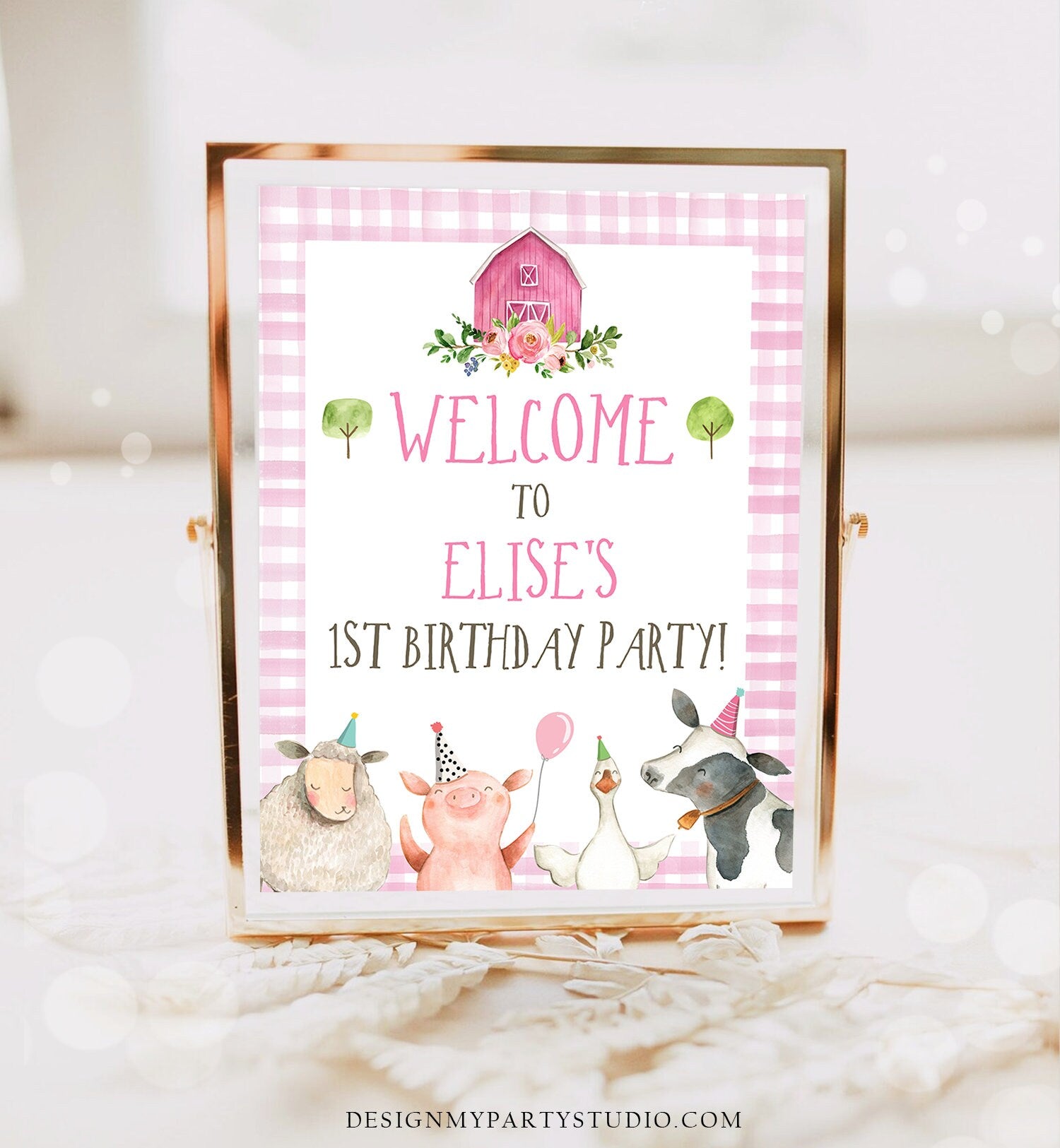 Editable Farm Animals Welcome Sign Girl First Birthday Welcome Sign Party Animals Decor Girl Pink Gingham Template Corjl PRINTABLE 0155