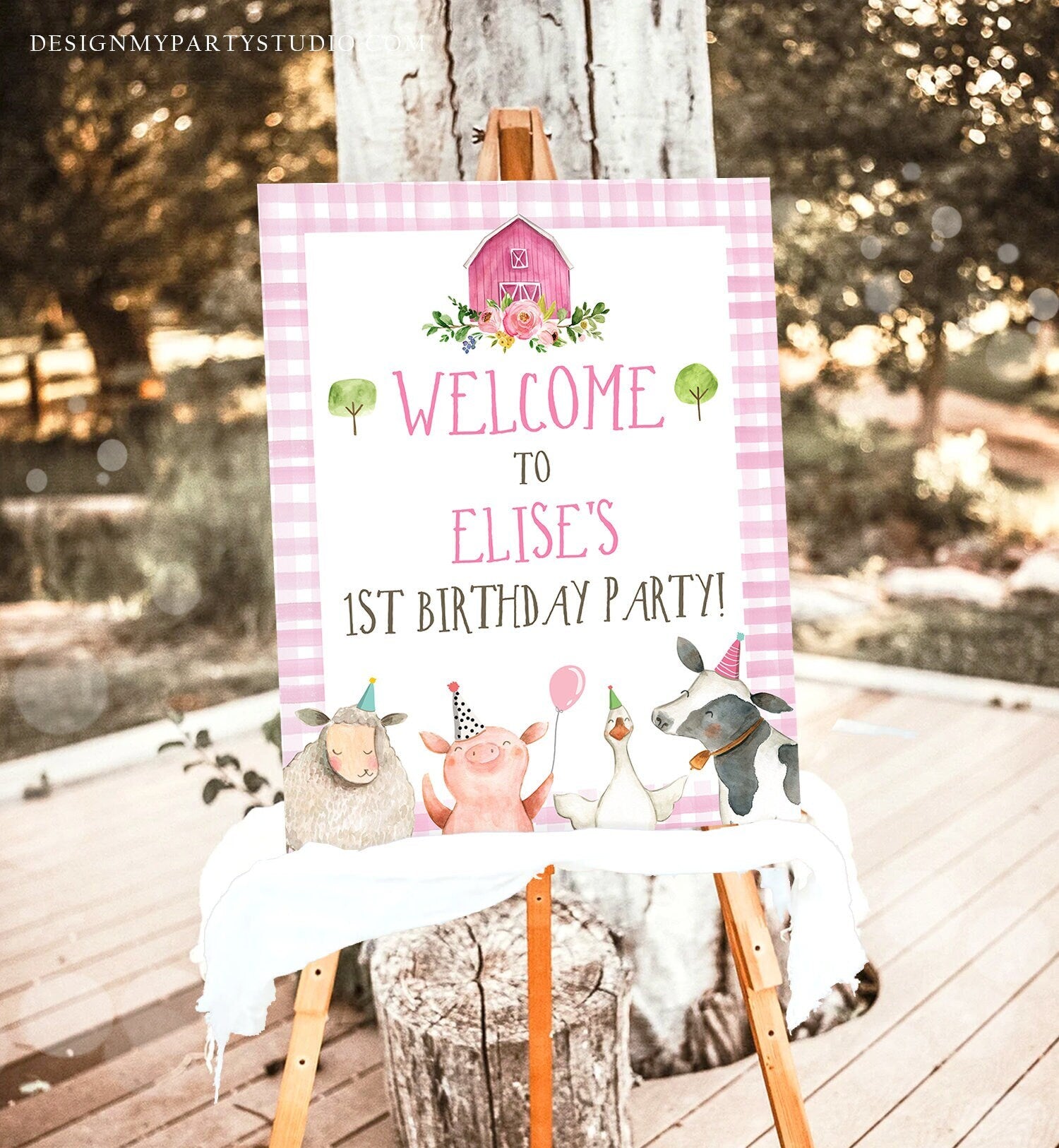 Editable Farm Animals Welcome Sign Girl First Birthday Welcome Sign Party Animals Decor Girl Pink Gingham Template Corjl PRINTABLE 0155