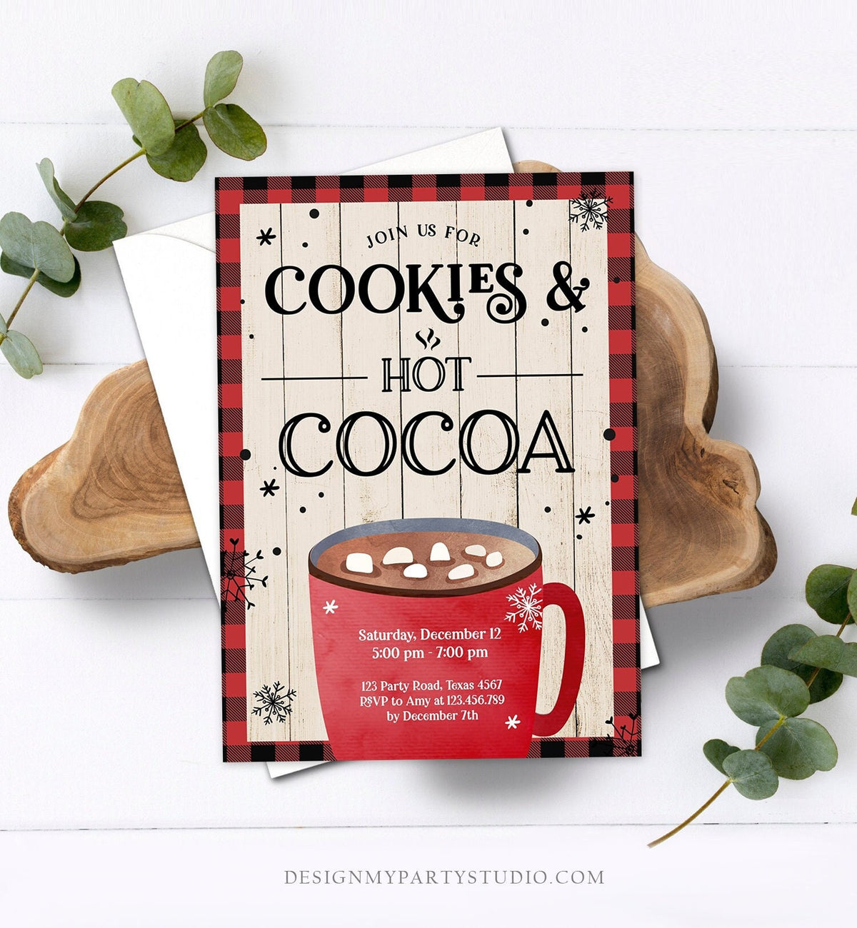 Editable Cookies and Cocoa Invitation Hot Cocoa Party Invite Hot Chocolate Birthday Lumberjack Plaid Download Printable Template Corjl 0262