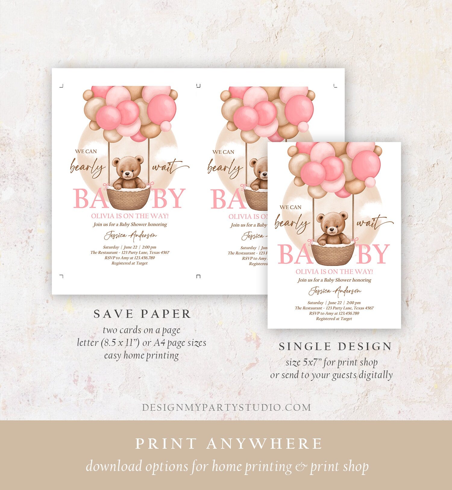 Editable Bear Balloon Baby Shower Invitation We Can Bearly Wait Baby Shower Invite Teddy Bear Boho Girl Pink Digital Download Evite 0498