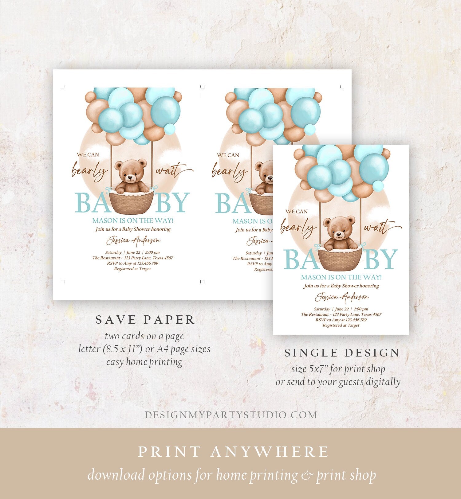 Editable Bear Balloon Baby Shower Invitation We Can Bearly Wait Baby Shower Invite Teddy Bear Brown Boho Boy Blue Download Printable 0498