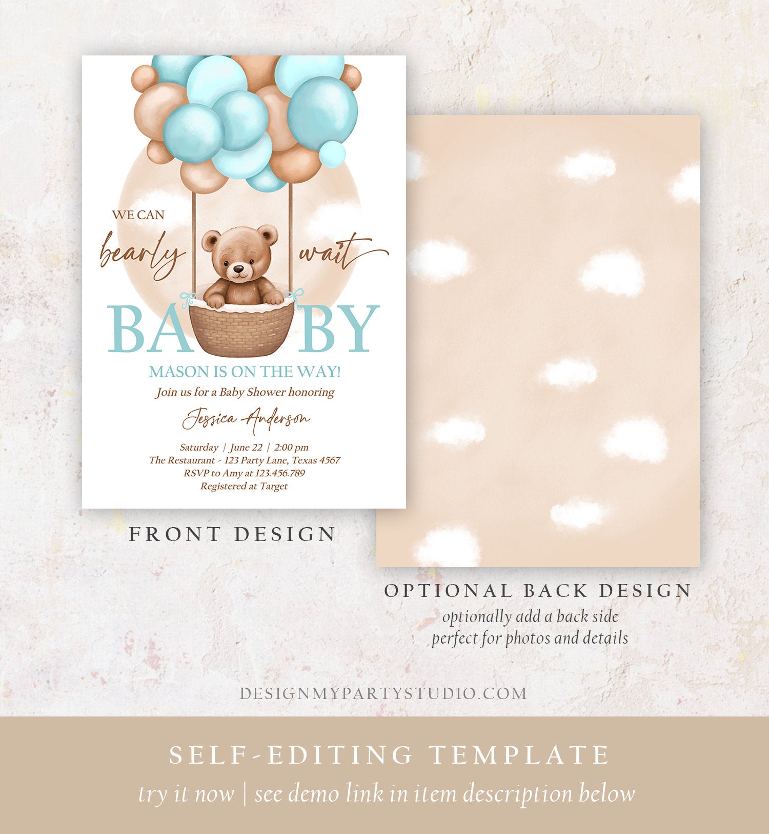 Editable Bear Balloon Baby Shower Invitation We Can Bearly Wait Baby Shower Invite Teddy Bear Brown Boho Boy Blue Download Printable 0498