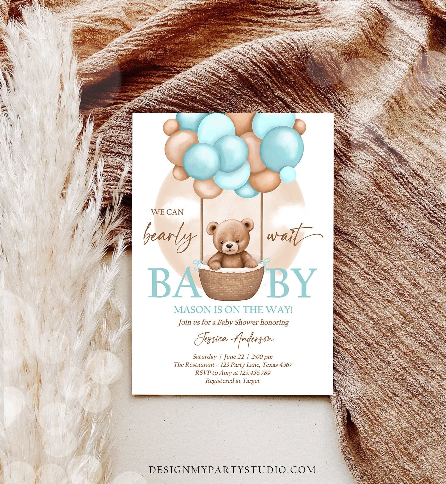 Editable Bear Balloon Baby Shower Invitation We Can Bearly Wait Baby Shower Invite Teddy Bear Brown Boho Boy Blue Download Printable 0498