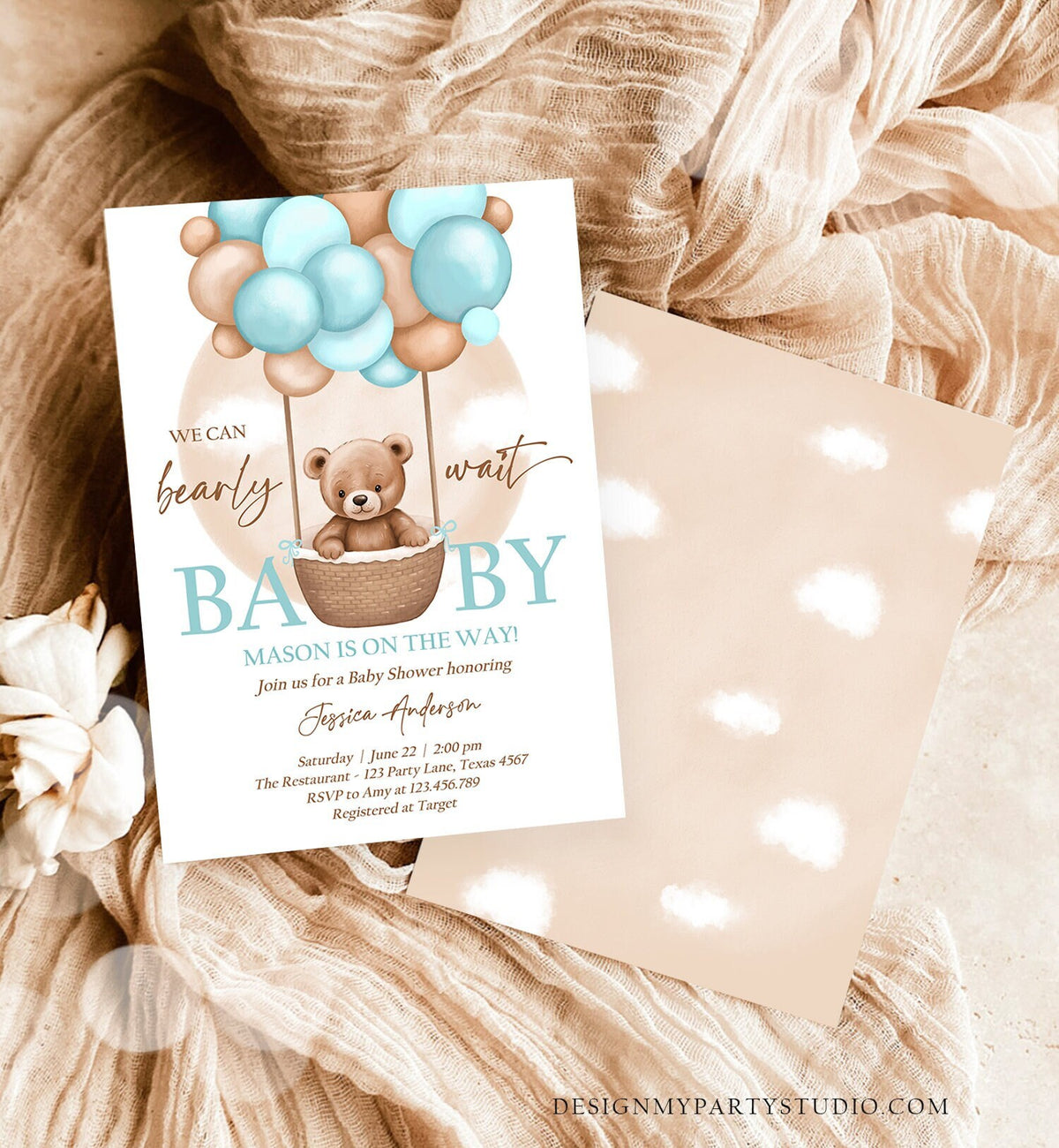 Editable Bear Balloon Baby Shower Invitation We Can Bearly Wait Baby Shower Invite Teddy Bear Brown Boho Boy Blue Download Printable 0498