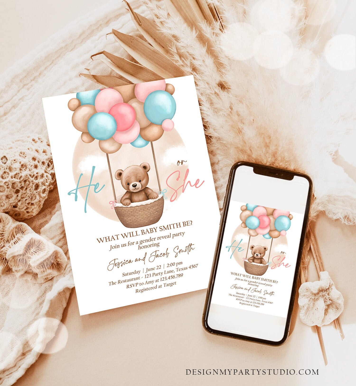 Editable He or She Bear Hot Air Balloon Gender Reveal Invitation Blue or Pink Bearly Wait Gender Neutral Boho Bear Download Printable 0498