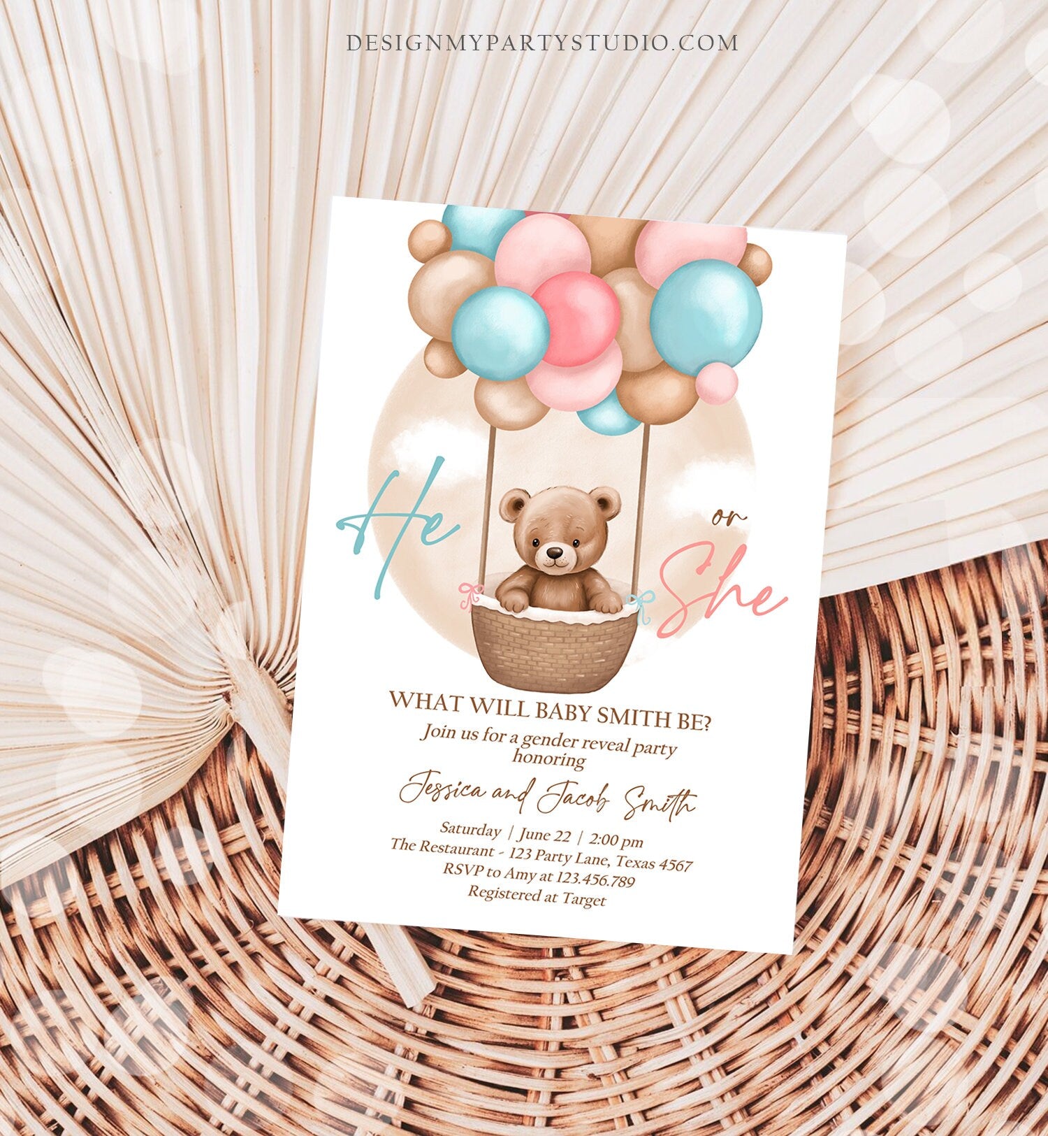 Editable He or She Bear Hot Air Balloon Gender Reveal Invitation Blue or Pink Bearly Wait Gender Neutral Boho Bear Download Printable 0498