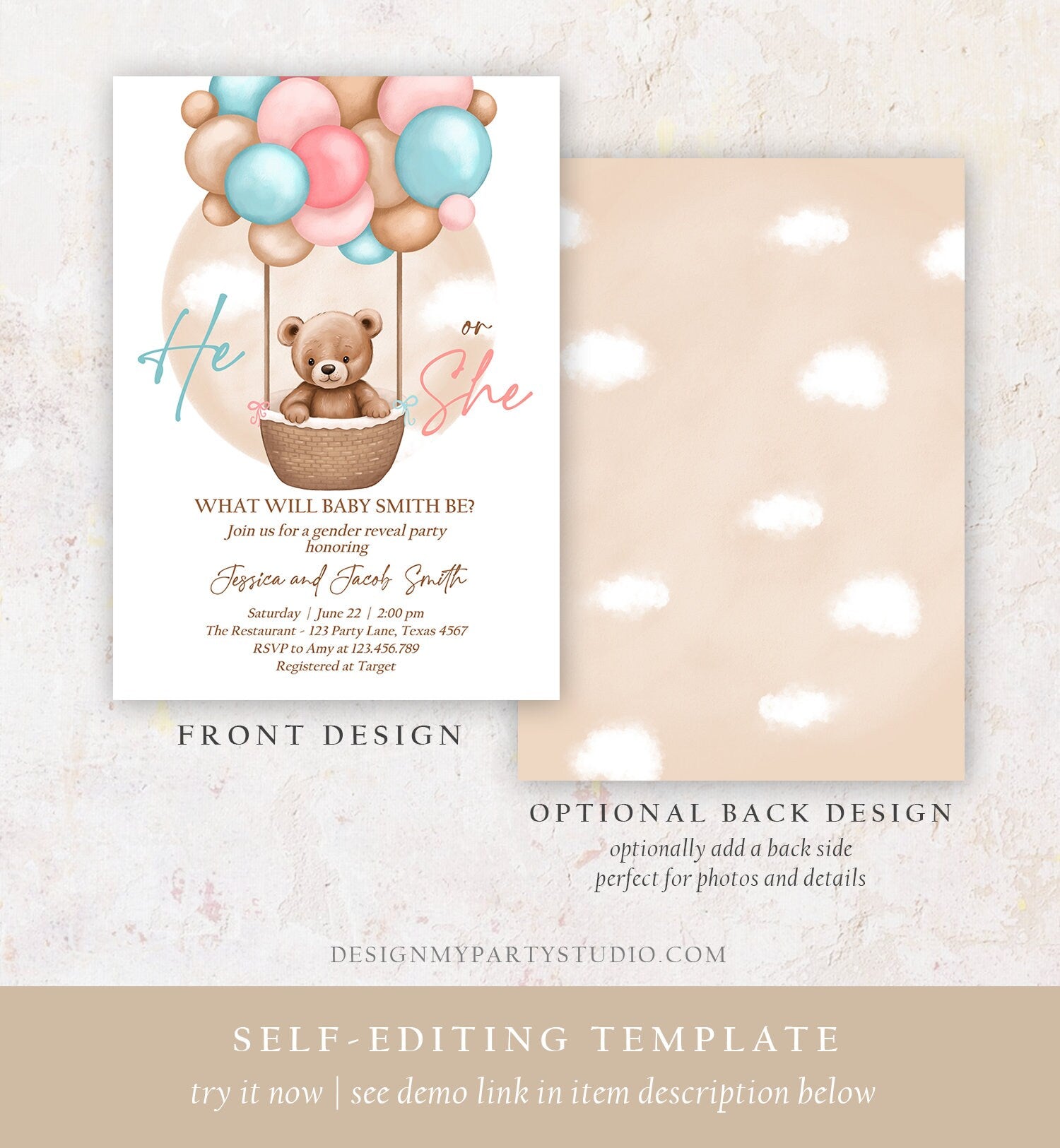 Editable He or She Bear Hot Air Balloon Gender Reveal Invitation Blue or Pink Bearly Wait Gender Neutral Boho Bear Download Printable 0498