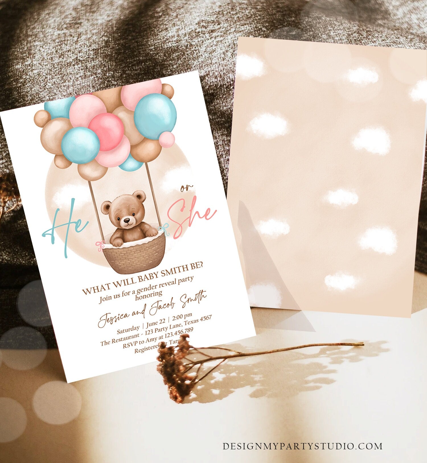 Editable He or She Bear Hot Air Balloon Gender Reveal Invitation Blue or Pink Bearly Wait Gender Neutral Boho Bear Download Printable 0498