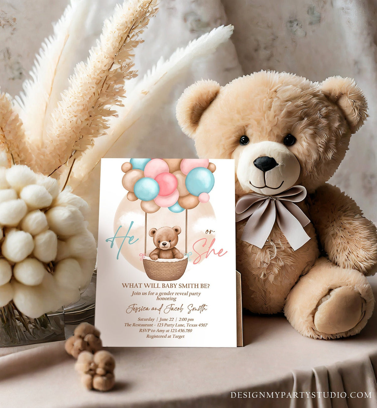 Editable He or She Bear Hot Air Balloon Gender Reveal Invitation Blue or Pink Bearly Wait Gender Neutral Boho Bear Download Printable 0498