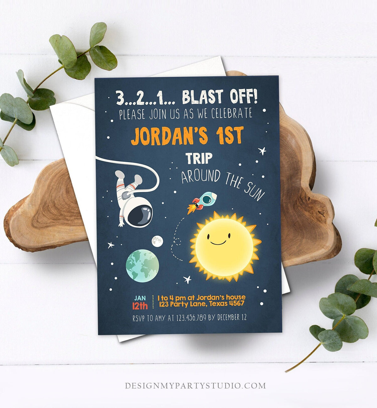 Editable Outer Space Birthday Invitation Rocket Astronaut Birthday First Trip Blast Off Download Printable Template Digital Corjl 0046