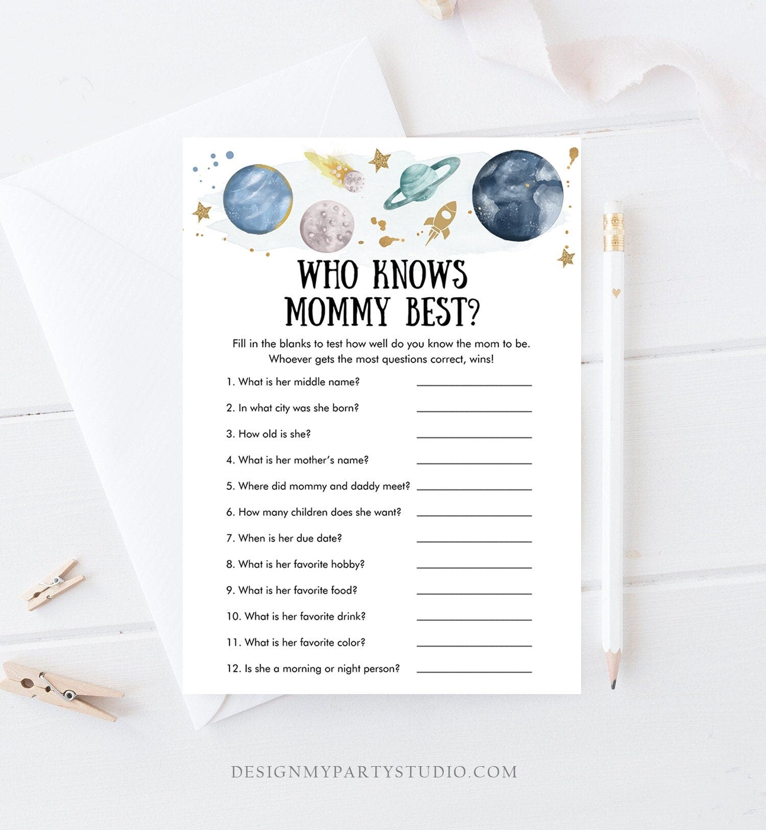 Editable Who Knows Mommy Best Baby Shower Game Outer Space Planets Houston We Have a Boy Rocket Activity Digital Template Printable 0357