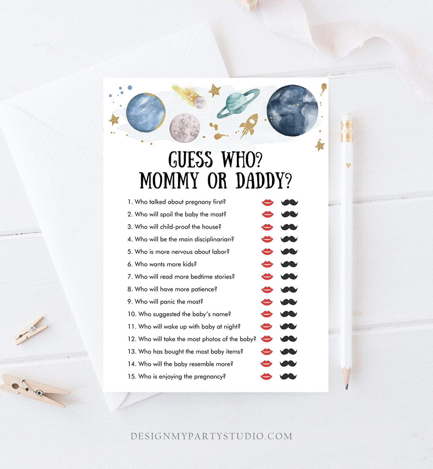 Editable Mommy or Daddy Baby Shower Game Guess Who Outer Space Planets Houston We Have a Boy Rocket Activity Corjl Template Printable 0357