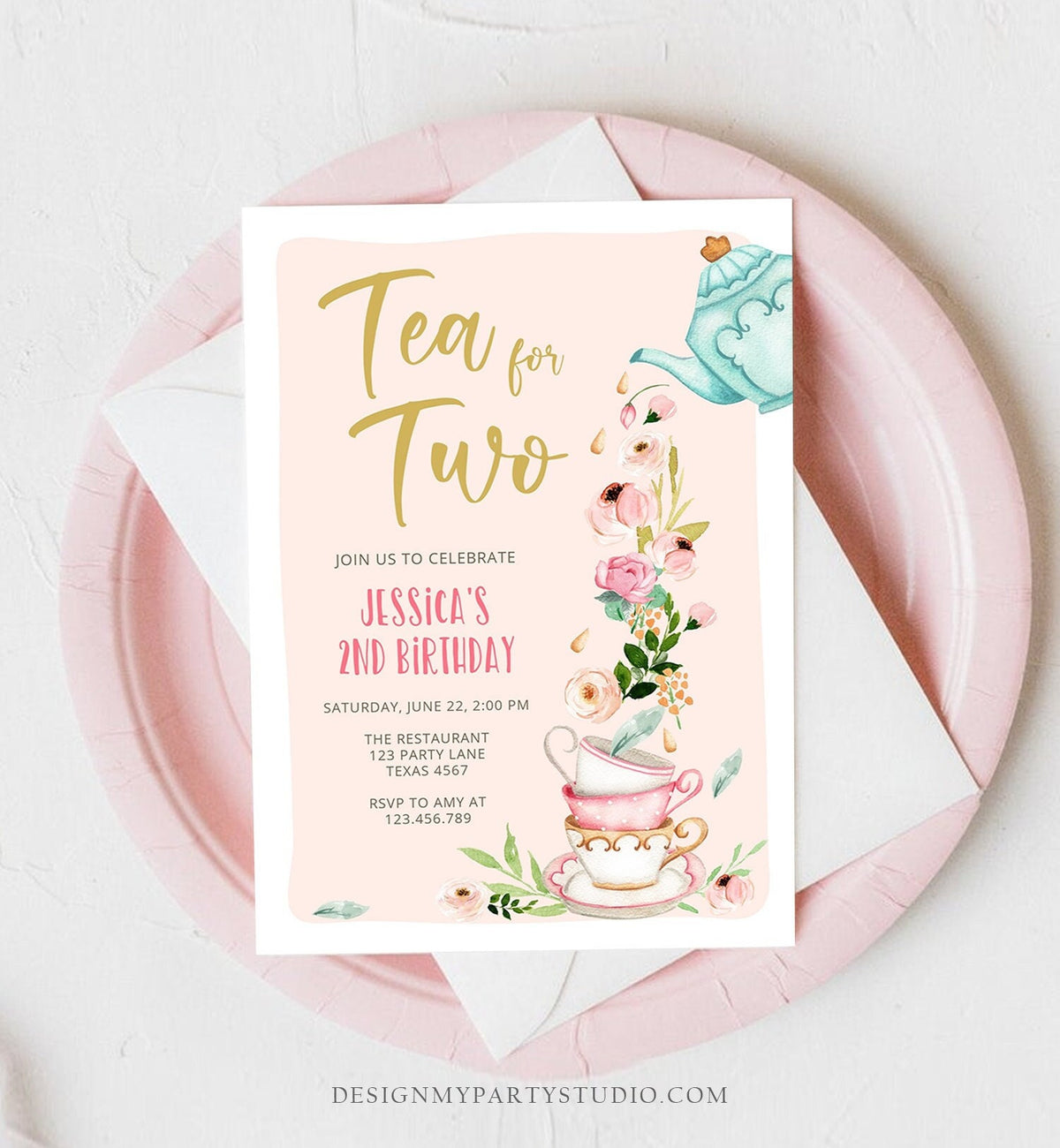 Editable Tea for Two Birthday Invitation Girl Tea Party Invite Pink Gold Floral Peach Pink Digital Download Evite Template Printable 0349