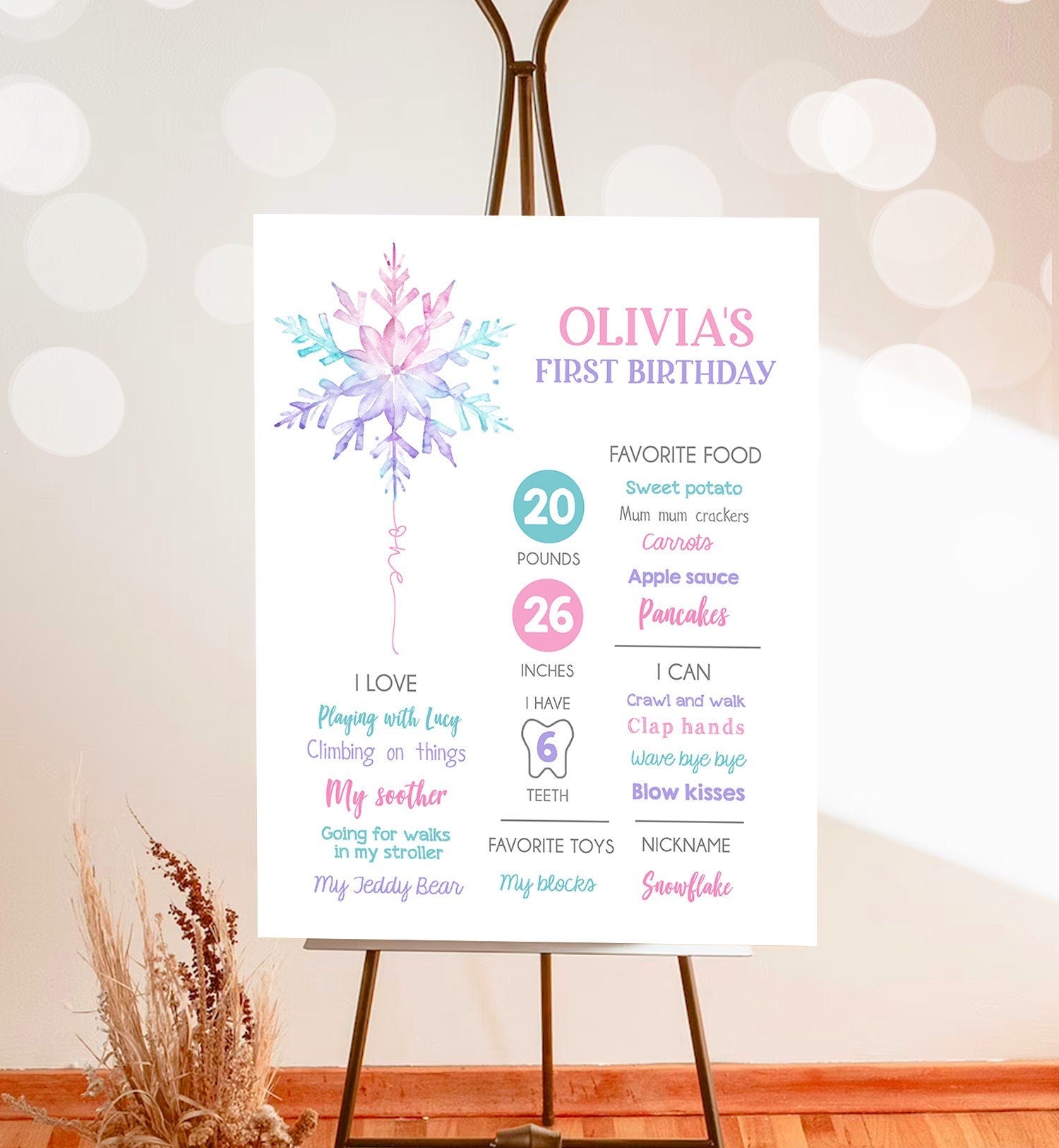 Editable Winter Birthday Milestones Sign Winter Onederland Watercolor Snowflake First Birthday Girl 1st Pink Corjl Template Printable 0494